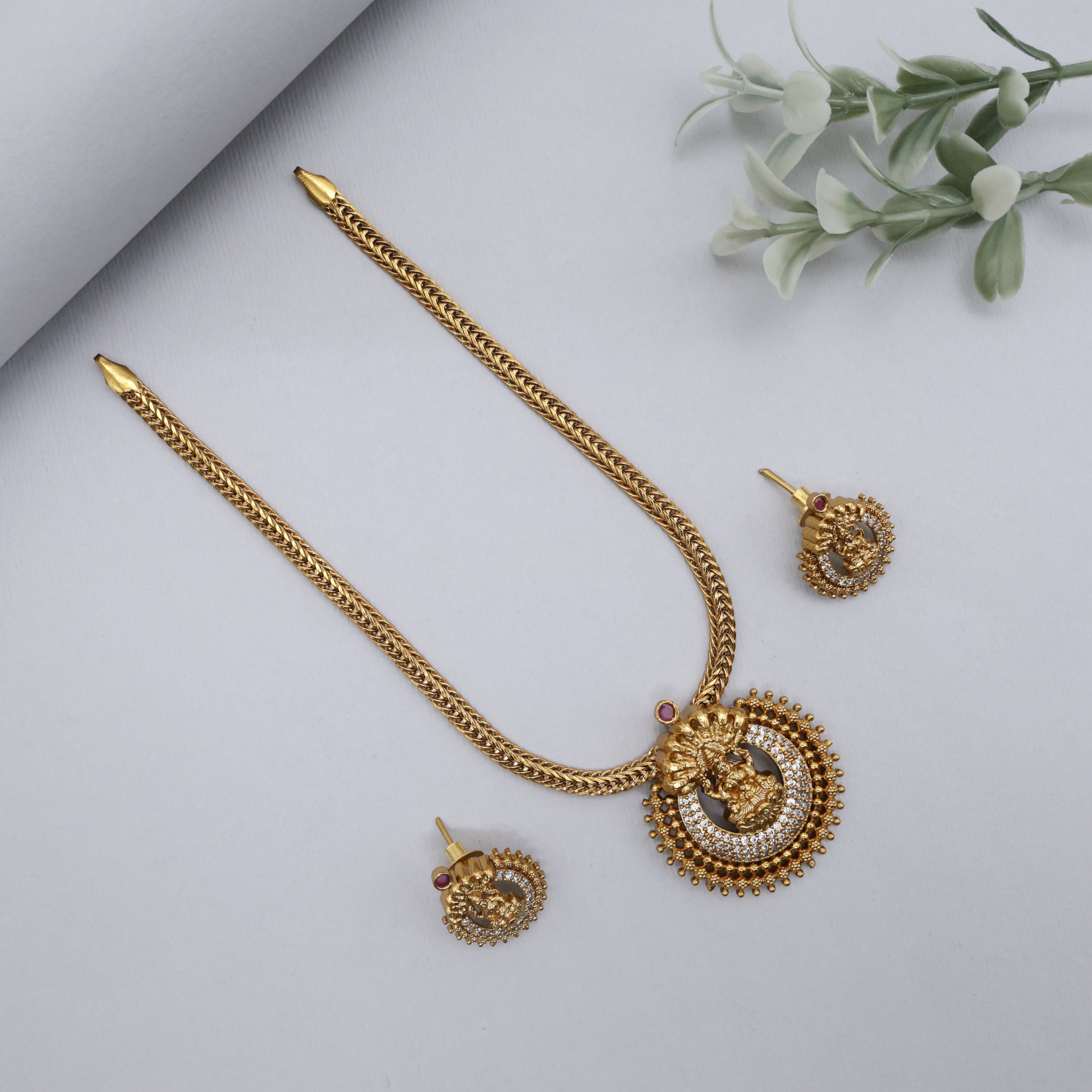 Antique Nagas AD Diamond Look Lakshmi Pendant Kids Friendly Necklace Set