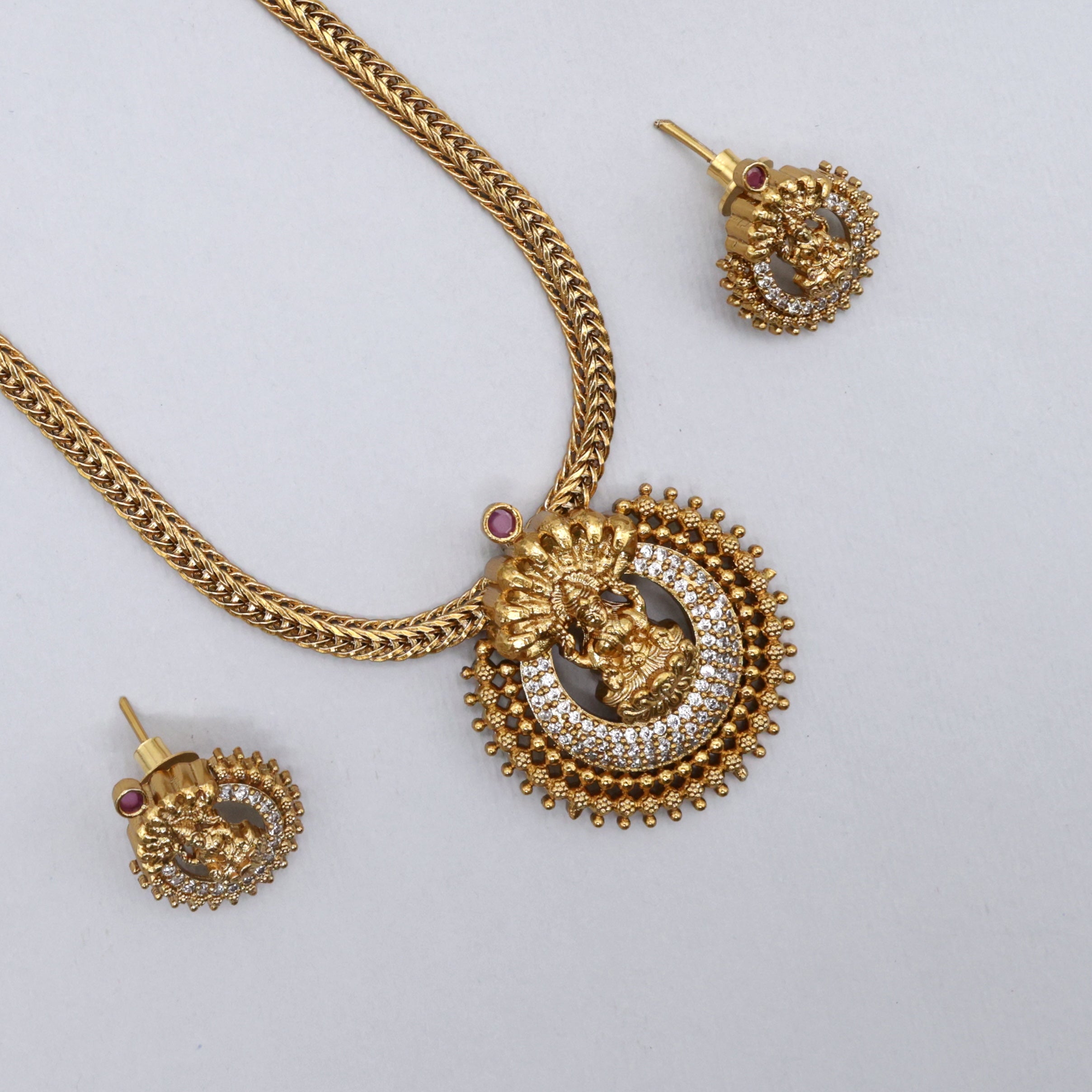 Antique Nagas AD Diamond Look Lakshmi Pendant Kids Friendly Necklace Set