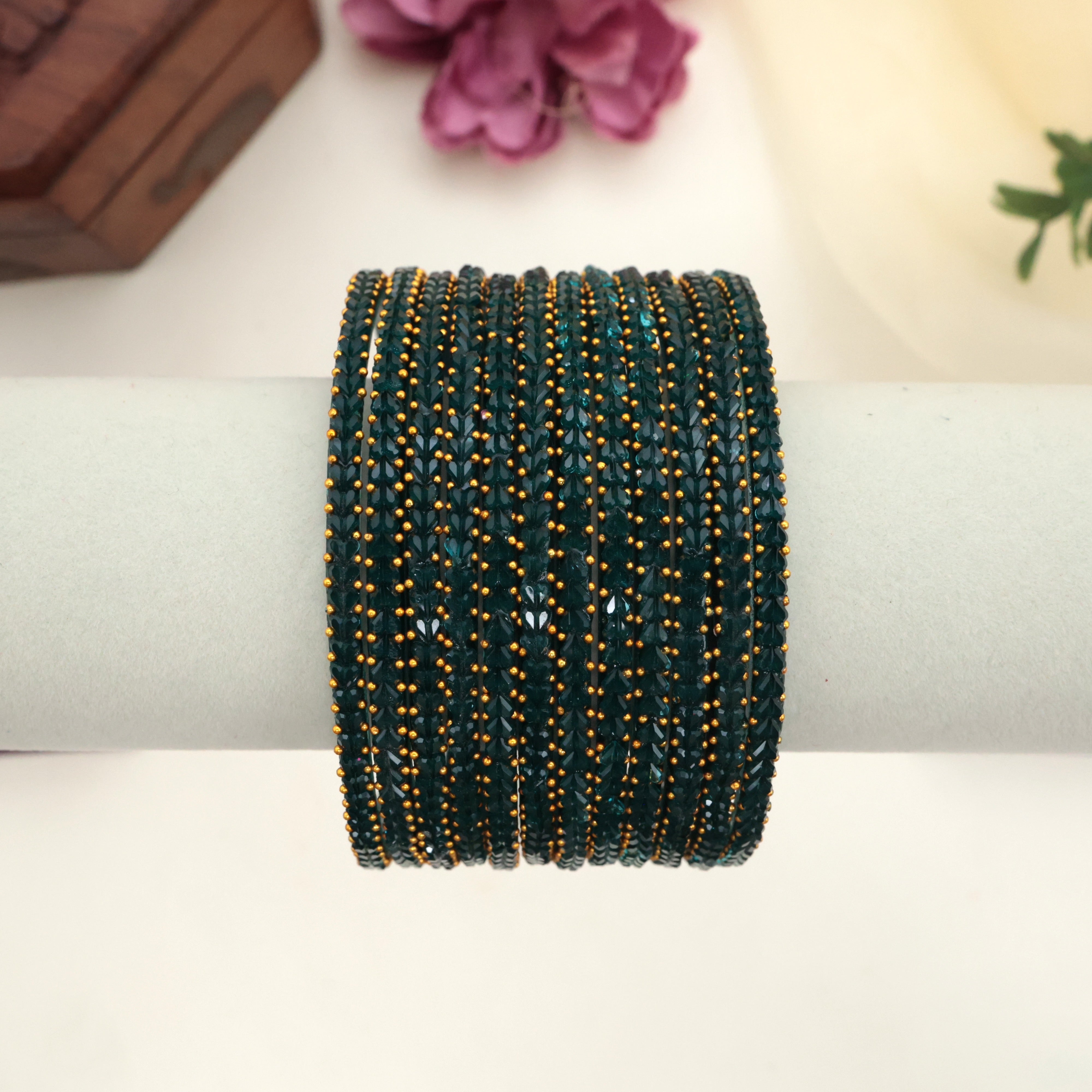 Premium Thick Heart Drop Glass Bangles - Deep Forest Green