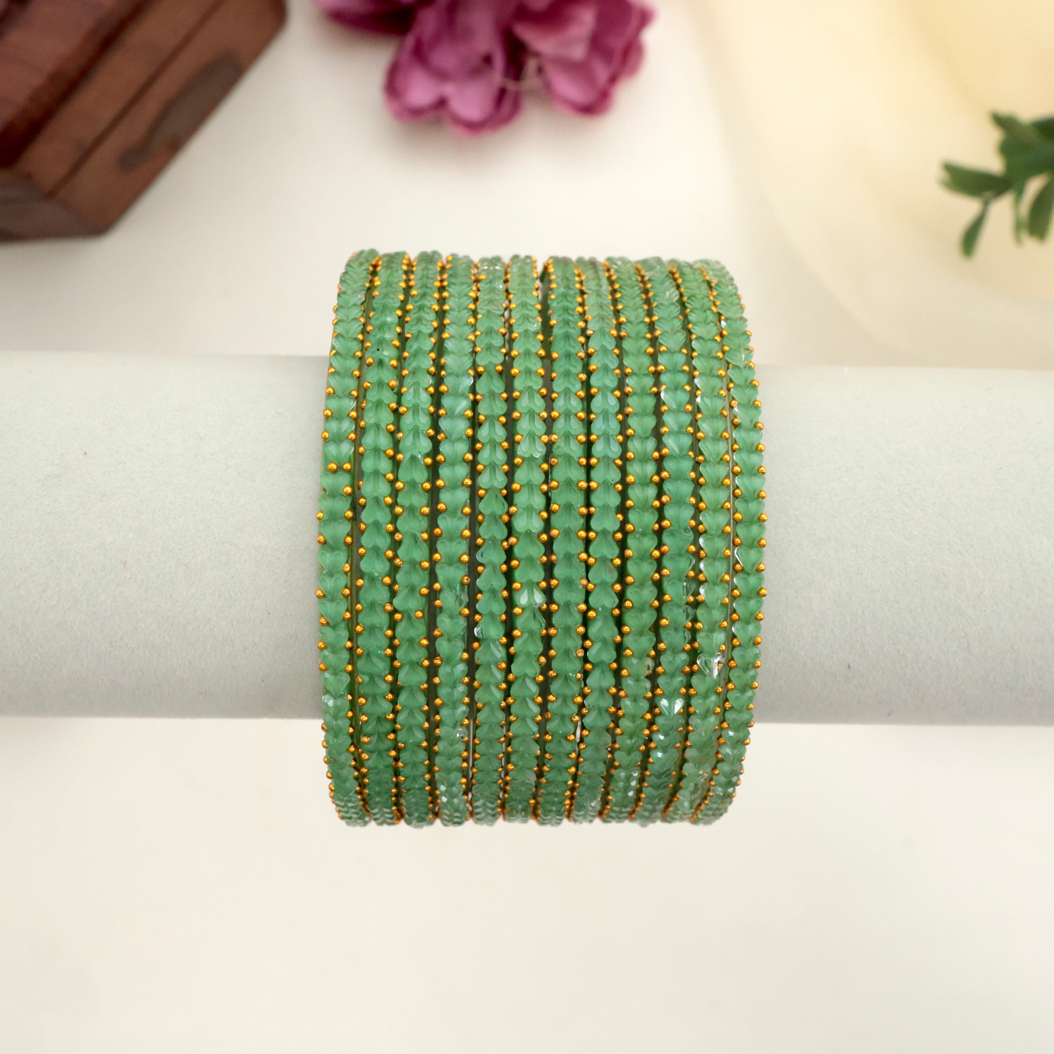 Premium Thick Heart Drop Glass Bangles - Leaf Green
