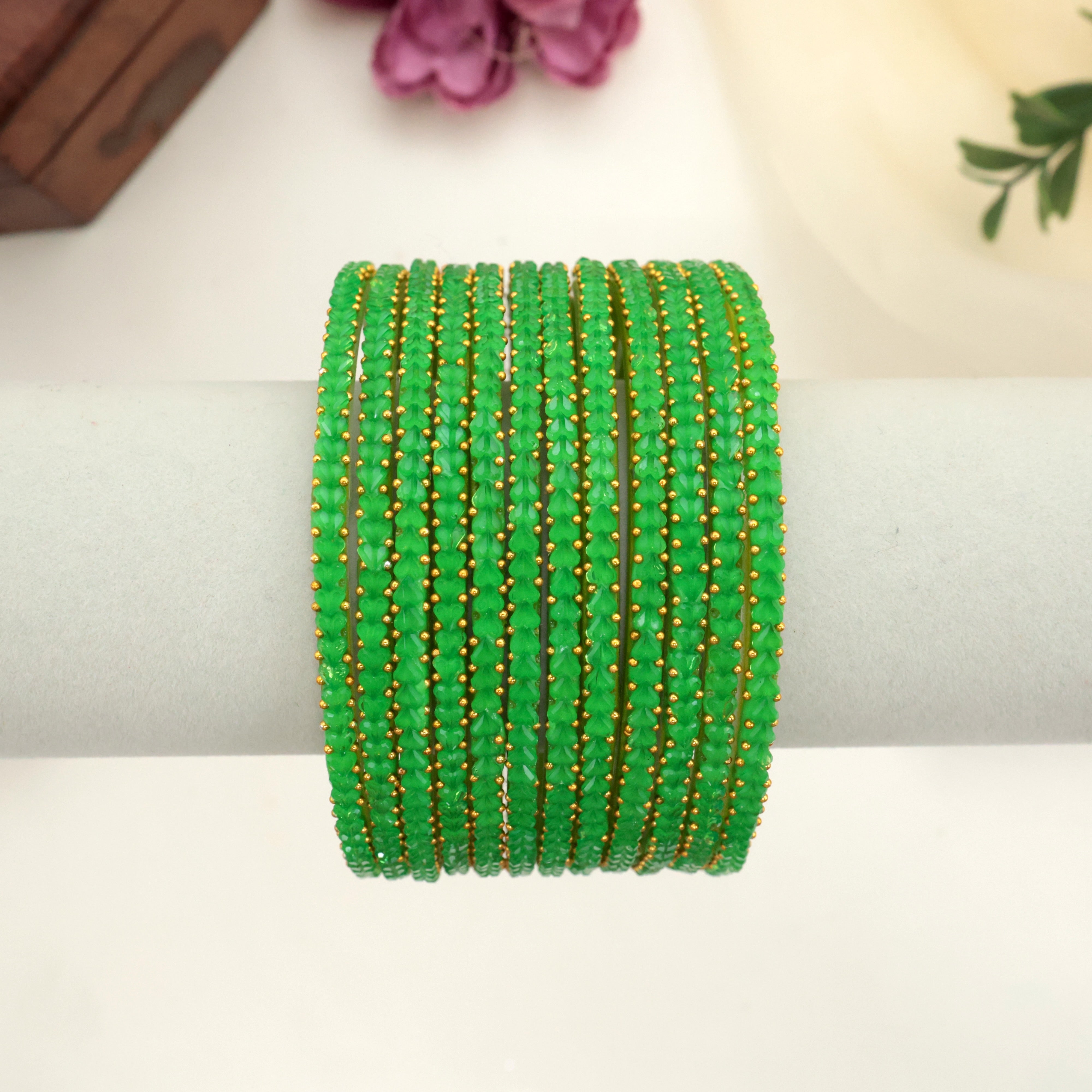 Premium Thick Heart Drop Glass Bangles - Parrot Green