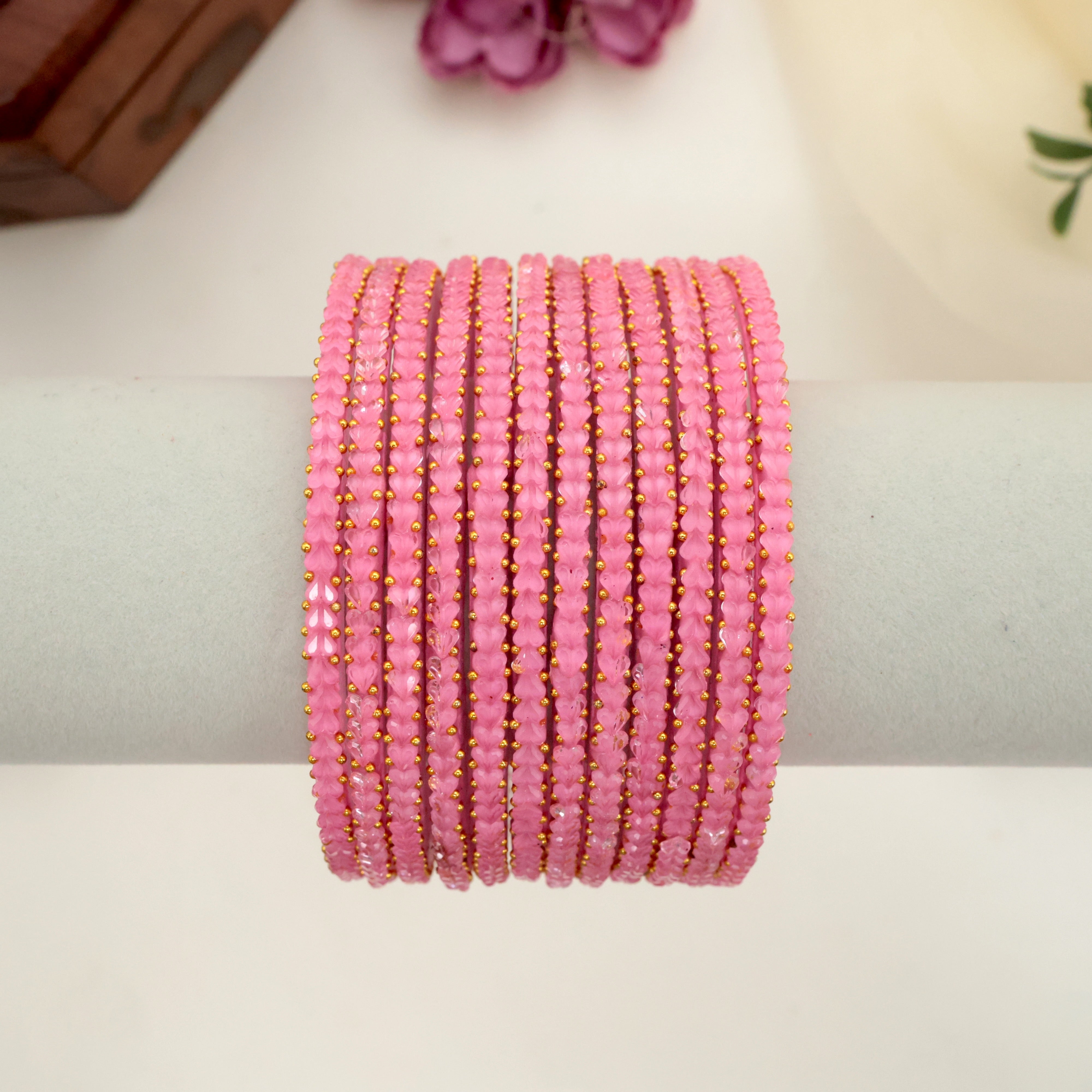 Premium Thick Heart Drop Glass Bangles - Rose