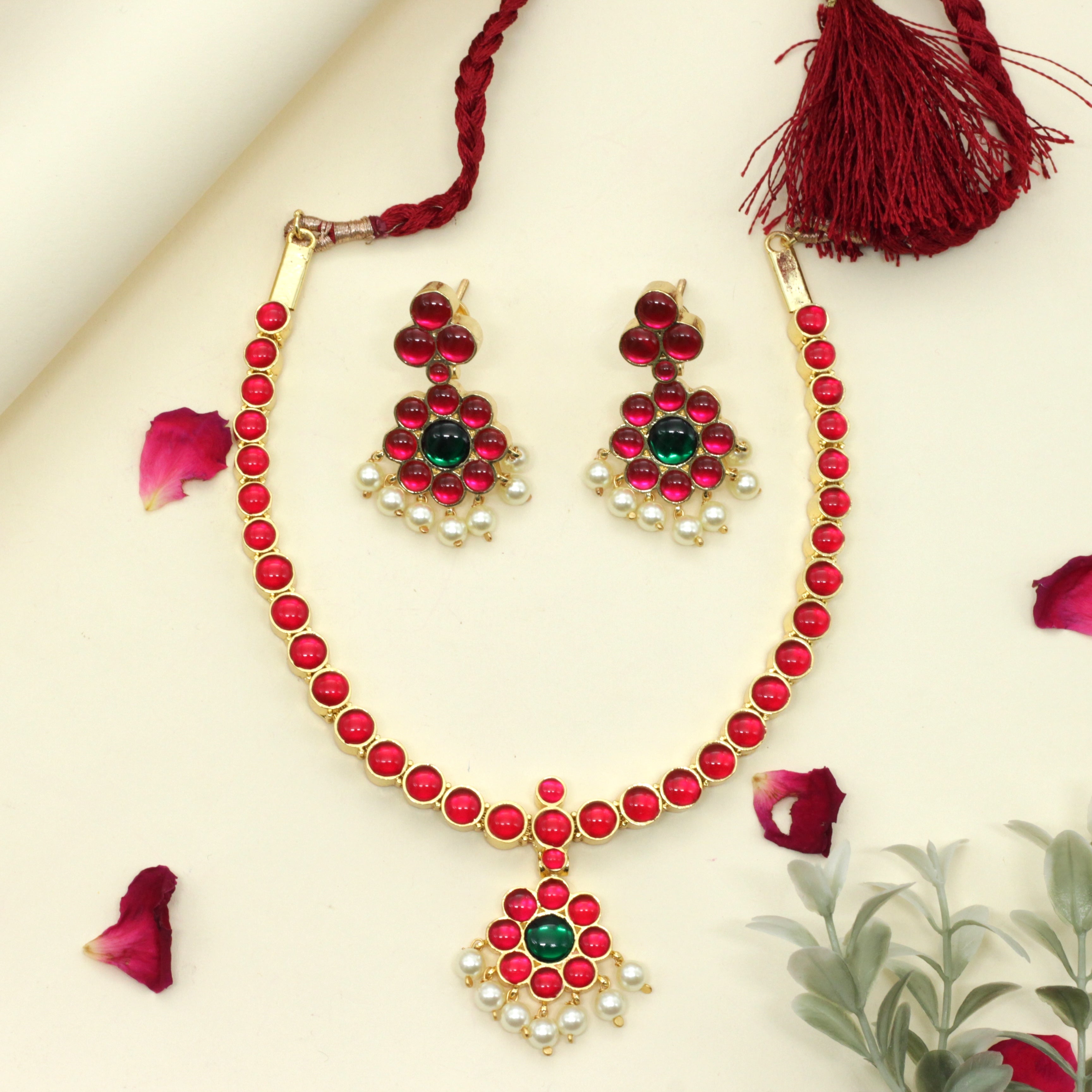 Premium Kemp Traditional Bharatanatyam Bridal Attigai Necklace - Ruby