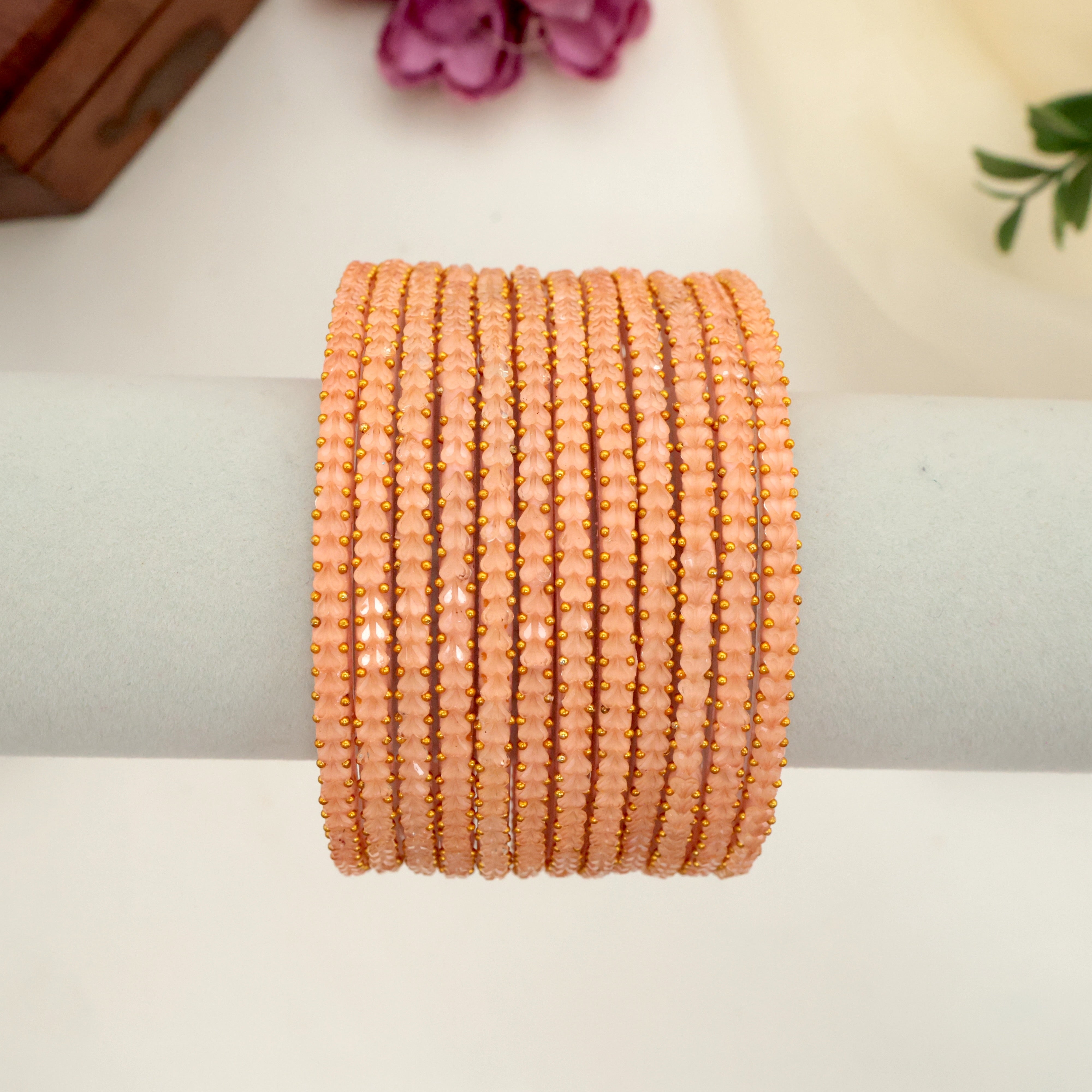 Premium Thick Heart Drop Glass Bangles - Light Peach