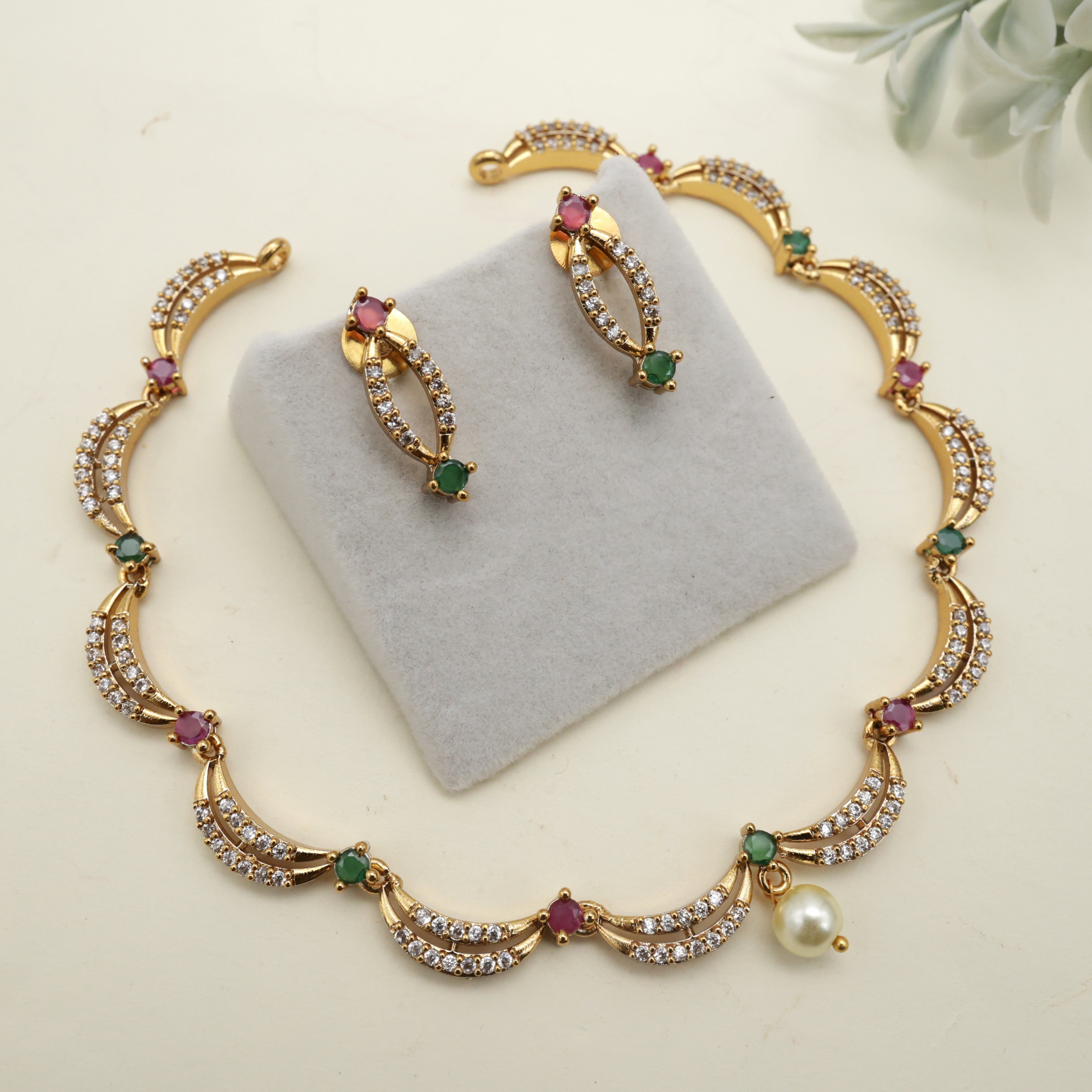 Diamond Look Double Layer Crescent Necklace Set