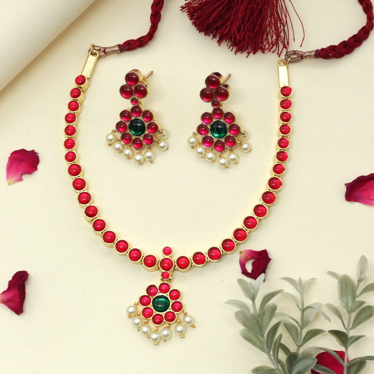 Premium Kemp Traditional Bharatanatyam Bridal Attigai Necklace - Ruby