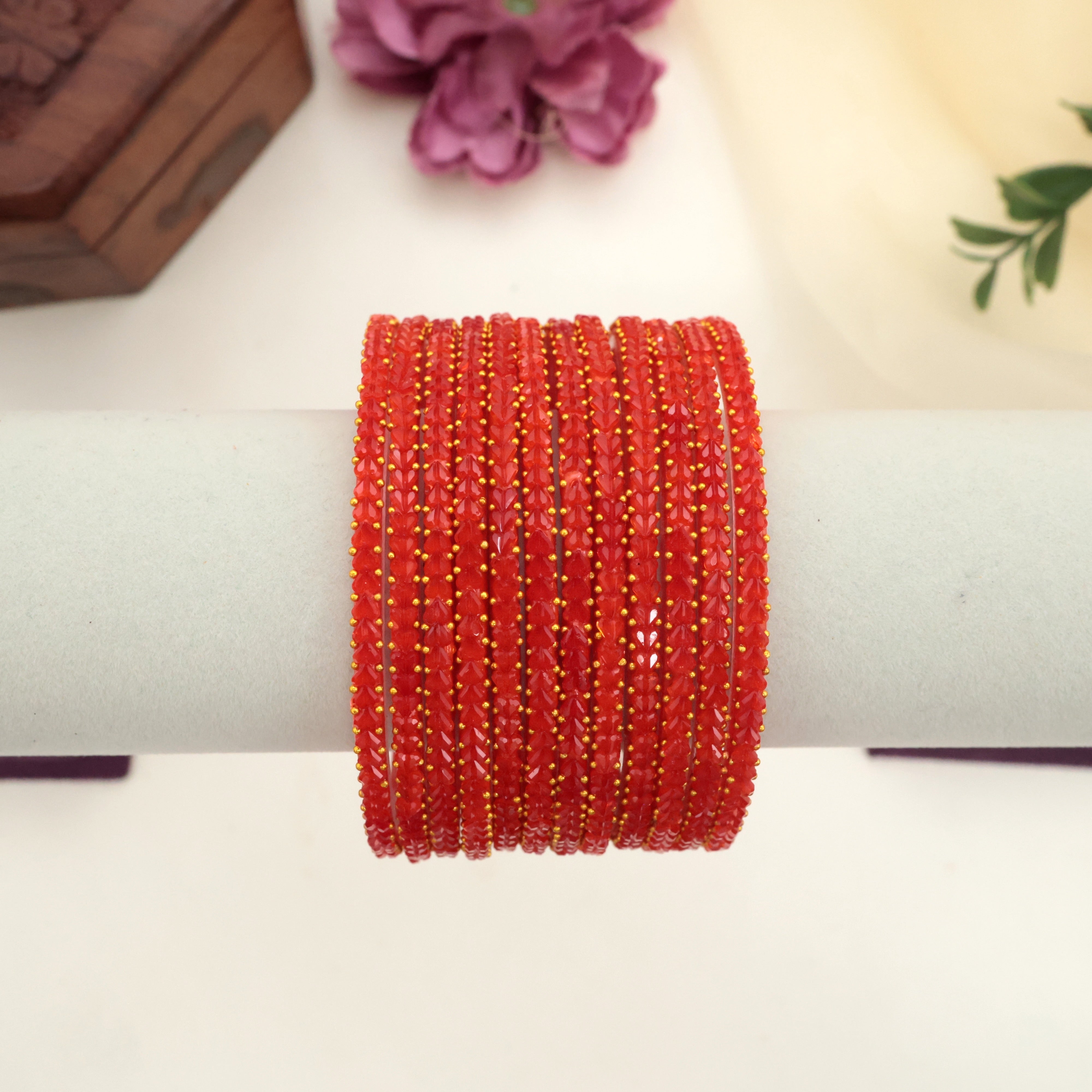 Premium Thick Heart Drop Glass Bangles - Red