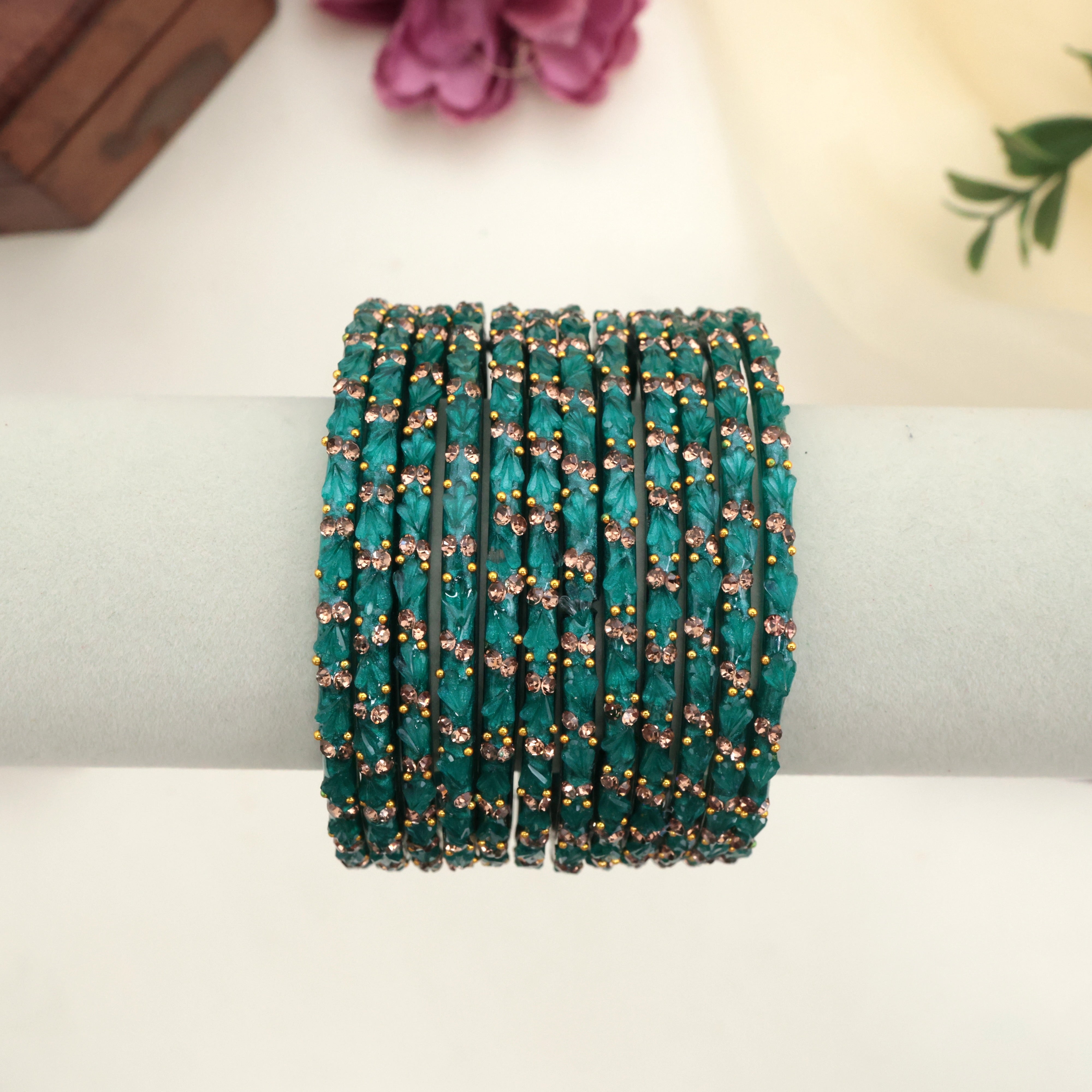 Premium Stone Work Tulip Cut Glass Bangles - Peacock Blue
