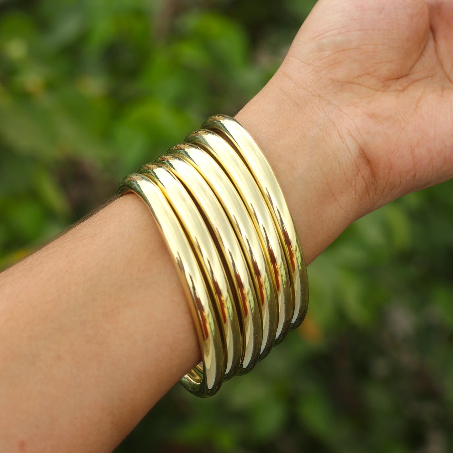 Thick Bohemian Brass Bangles - Set of 6 - Gold