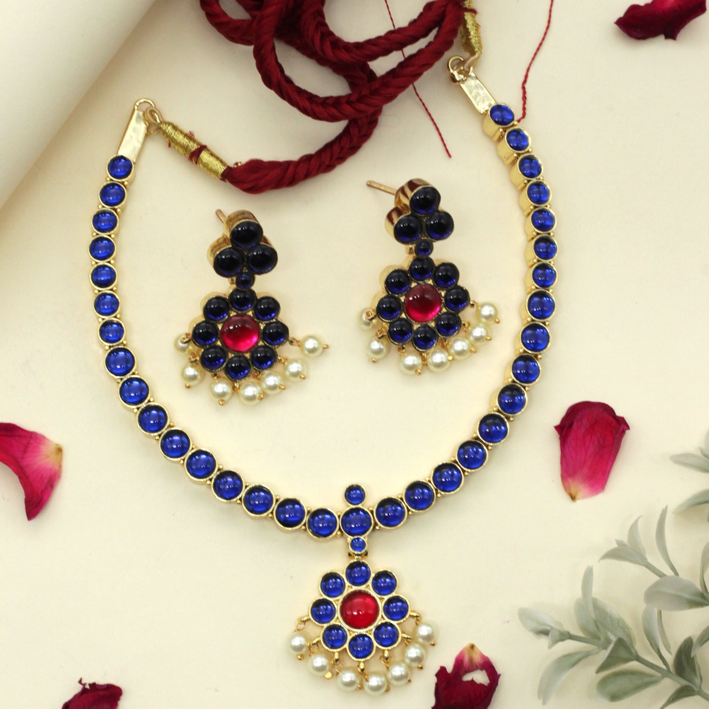 Premium Kemp Traditional Bharatanatyam Bridal Attigai Necklace - Blue