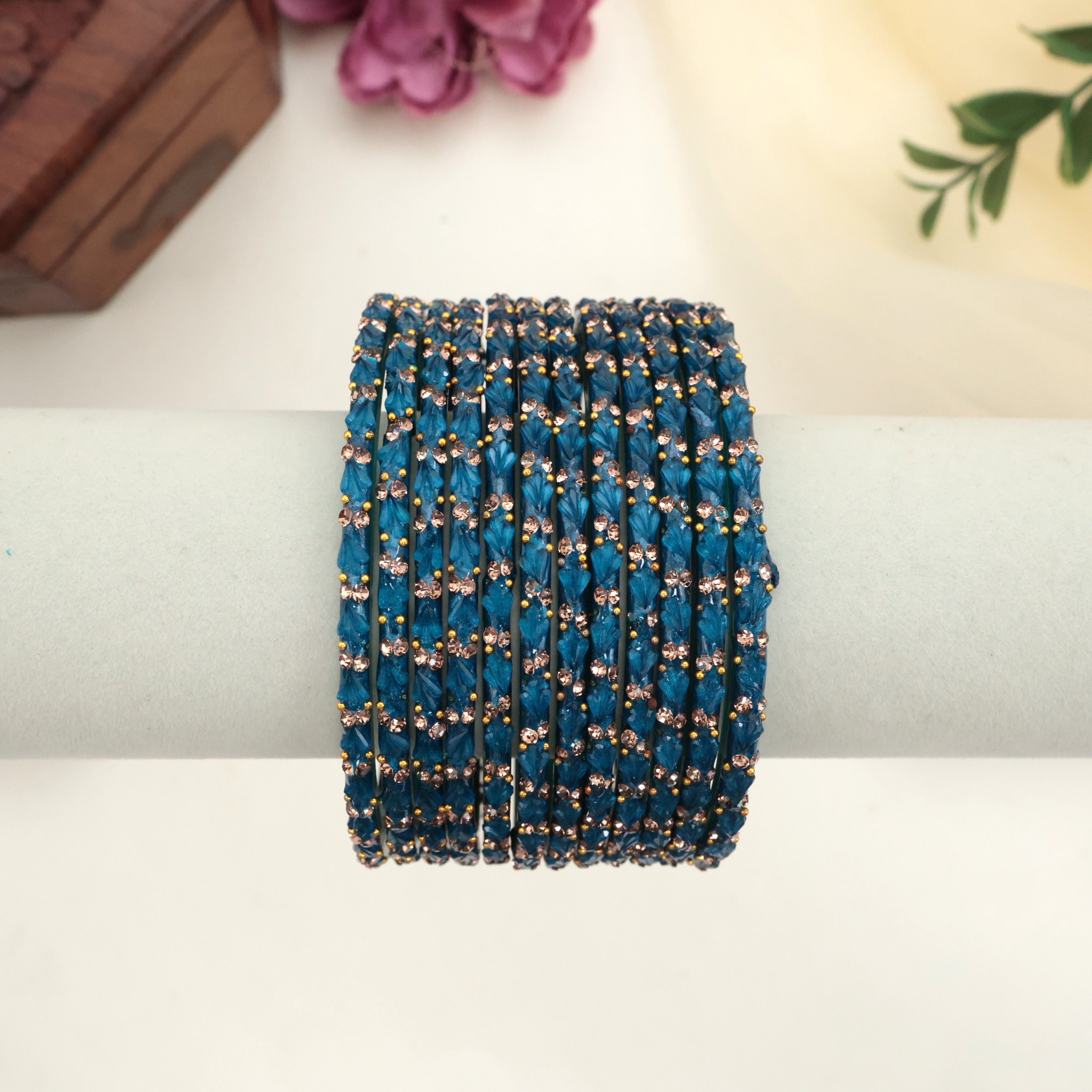 PREMIUM TULIP CUT STONE WORK GLASS BANGLES - PEACOCK BLUE