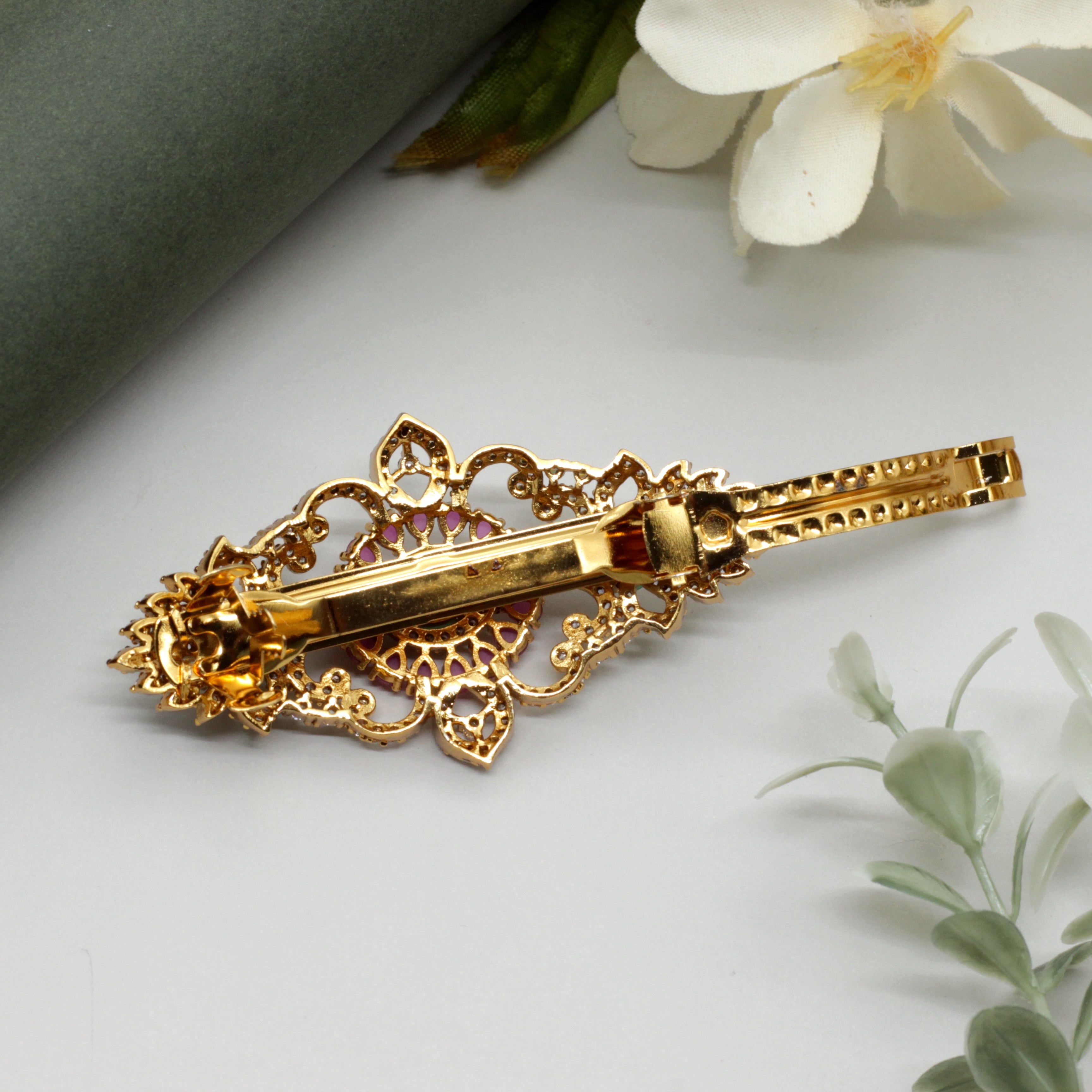 Gold Tone AD Flower Bridal Hair Clip - French Barette Hair Clip