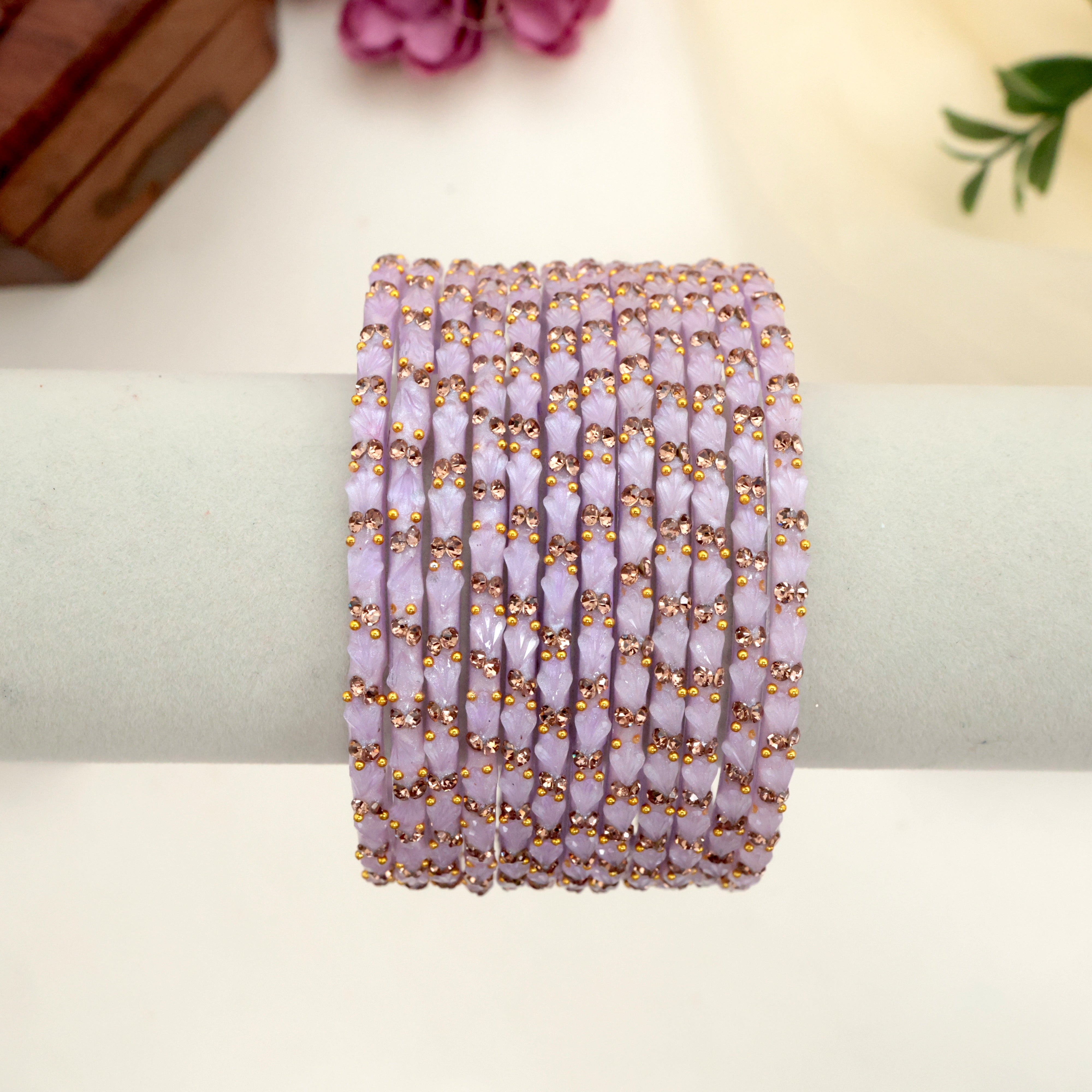 PREMIUM TULIP CUT STONE WORK GLASS BANGLES - LAVENDER