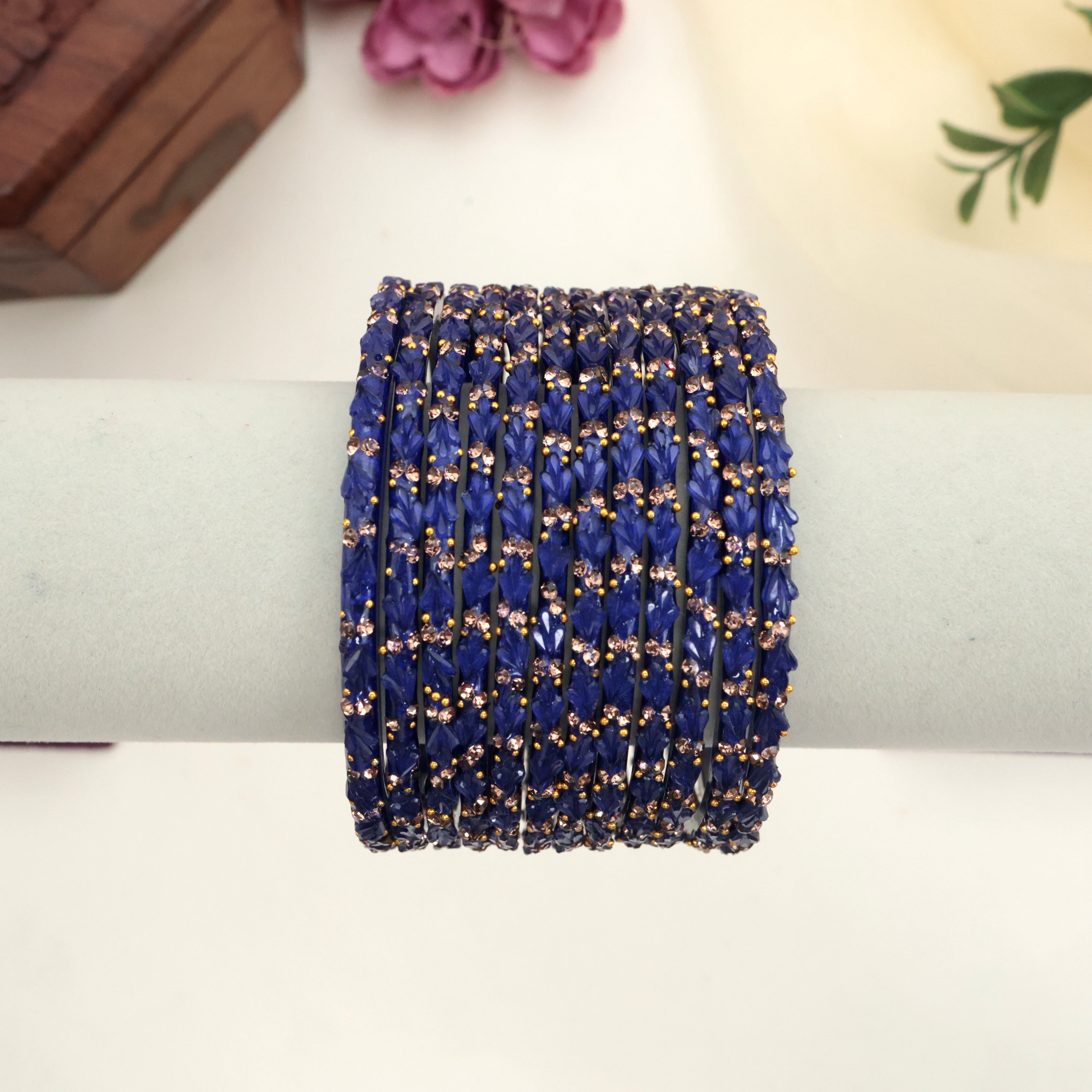 PREMIUM TULIP CUT STONE WORK GLASS BANGLES - INDIGO
