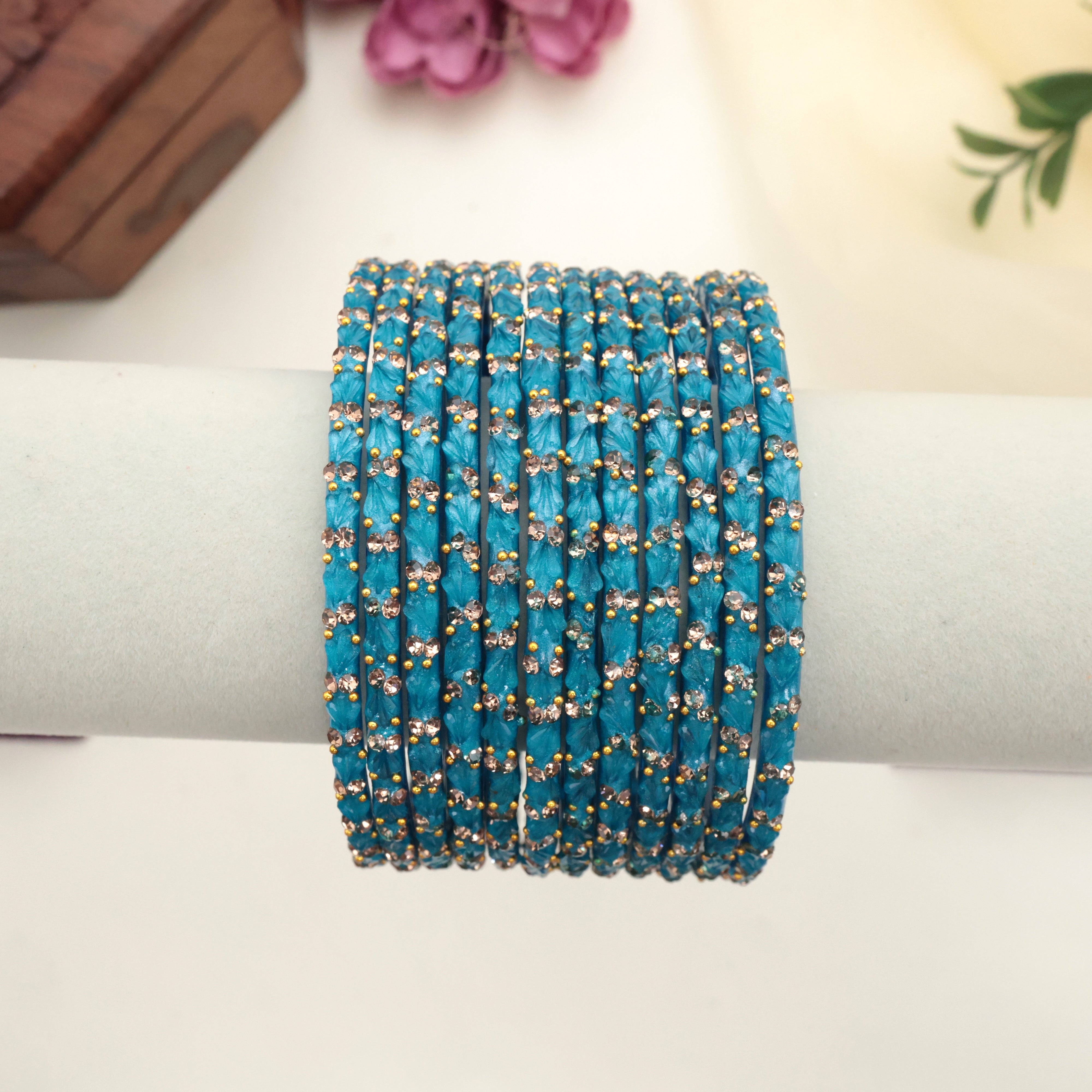Premium Tulip Cut Stone Work Glass Bangles - Copper Sulphate Blue