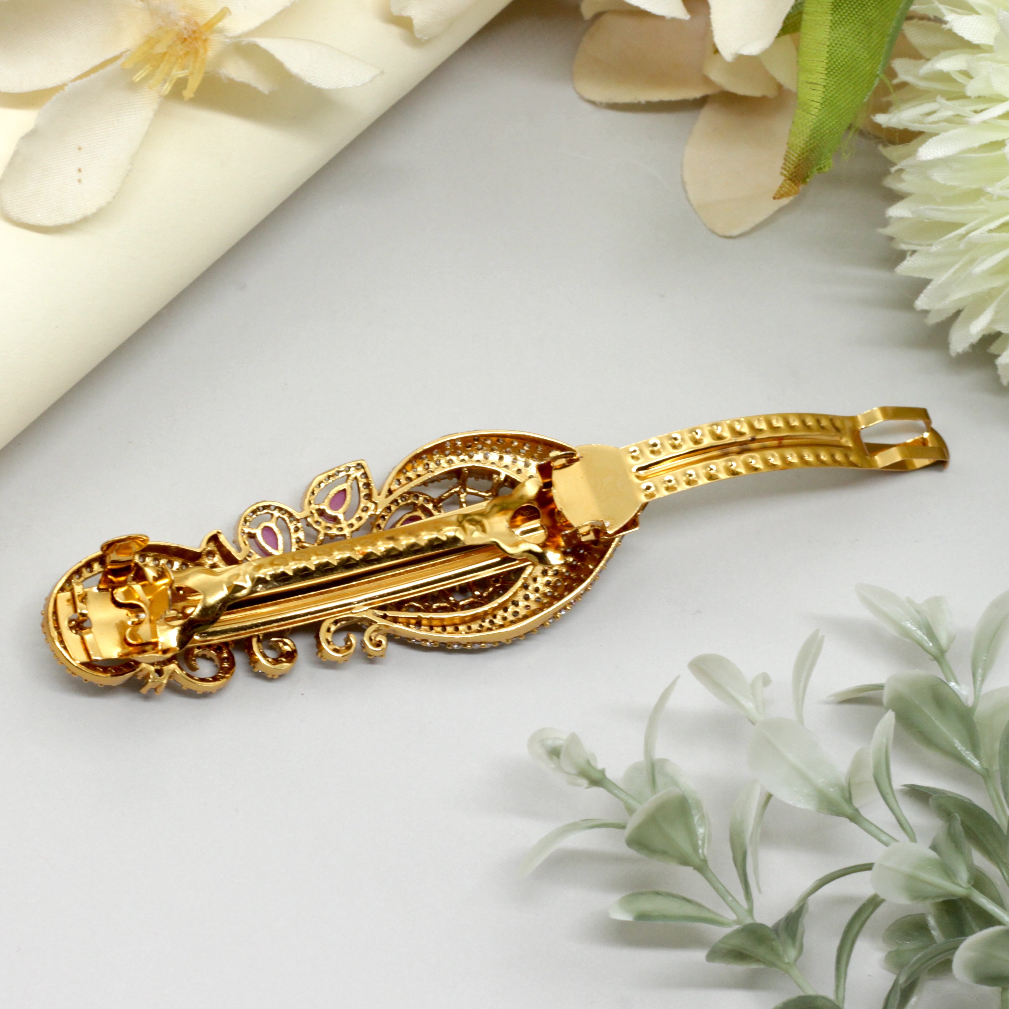 Gold Tone AD Feather Bridal Hair Clip - French Barette Hair Clip