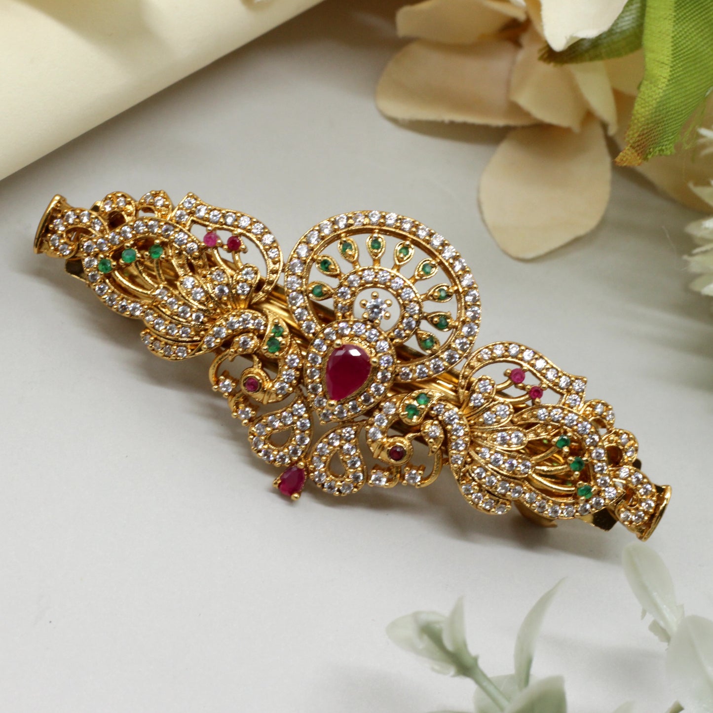 Gold Tone AD Rettapakshi Bridal Hair Clip - French Barette Hair Clip