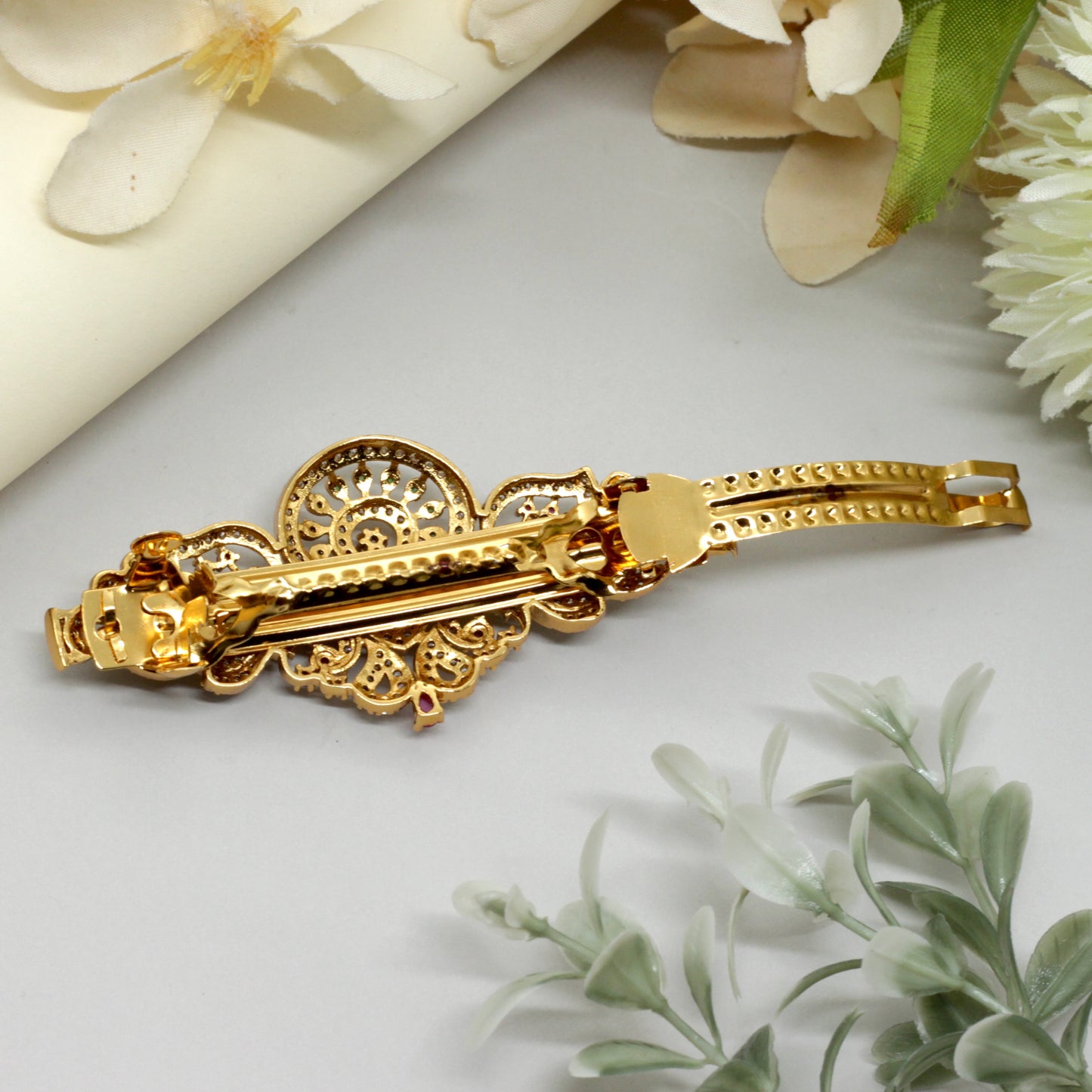 Gold Tone AD Rettapakshi Bridal Hair Clip - French Barette Hair Clip