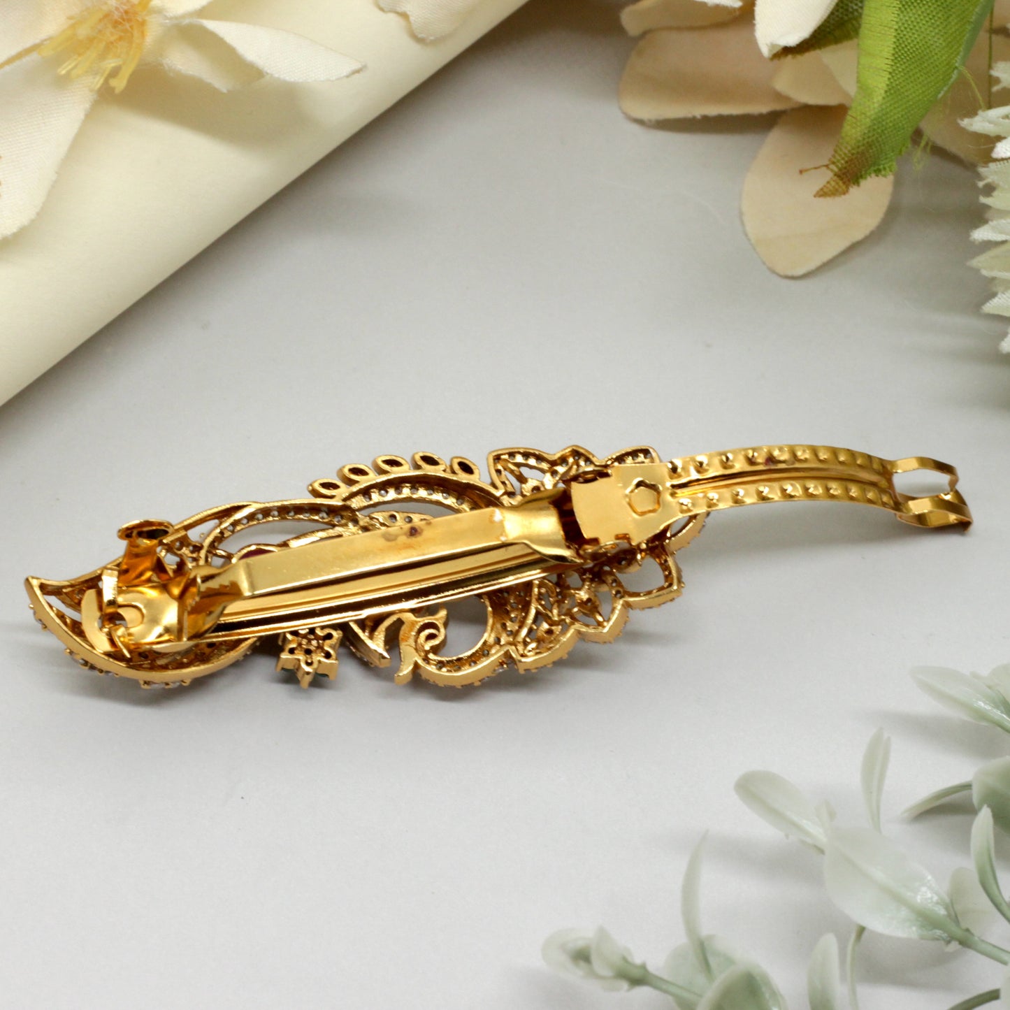 Gold Tone AD Peacock Bridal Hair Clip - French Barette Hair Clip