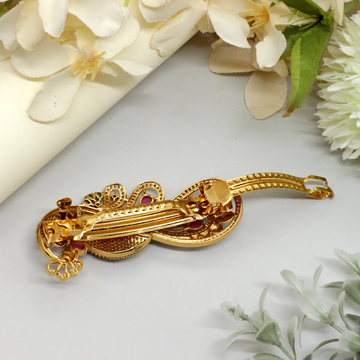 Gold Tone AD Grand Peacock Bridal Hair Clip - French Barrette Hair Clip