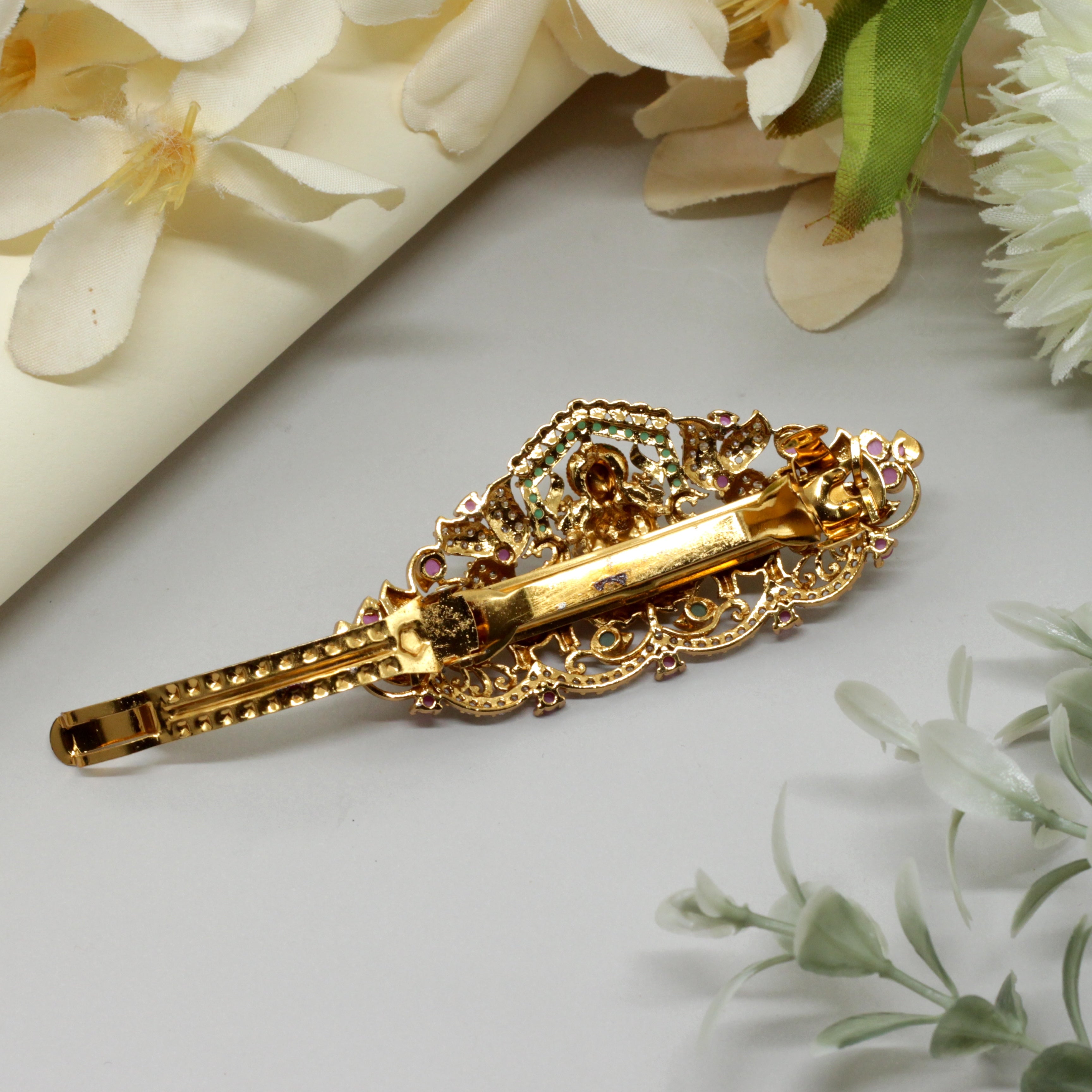 Gold Tone AD Lakshmi Bridal Hair Clip - French Barrette Hair Clip