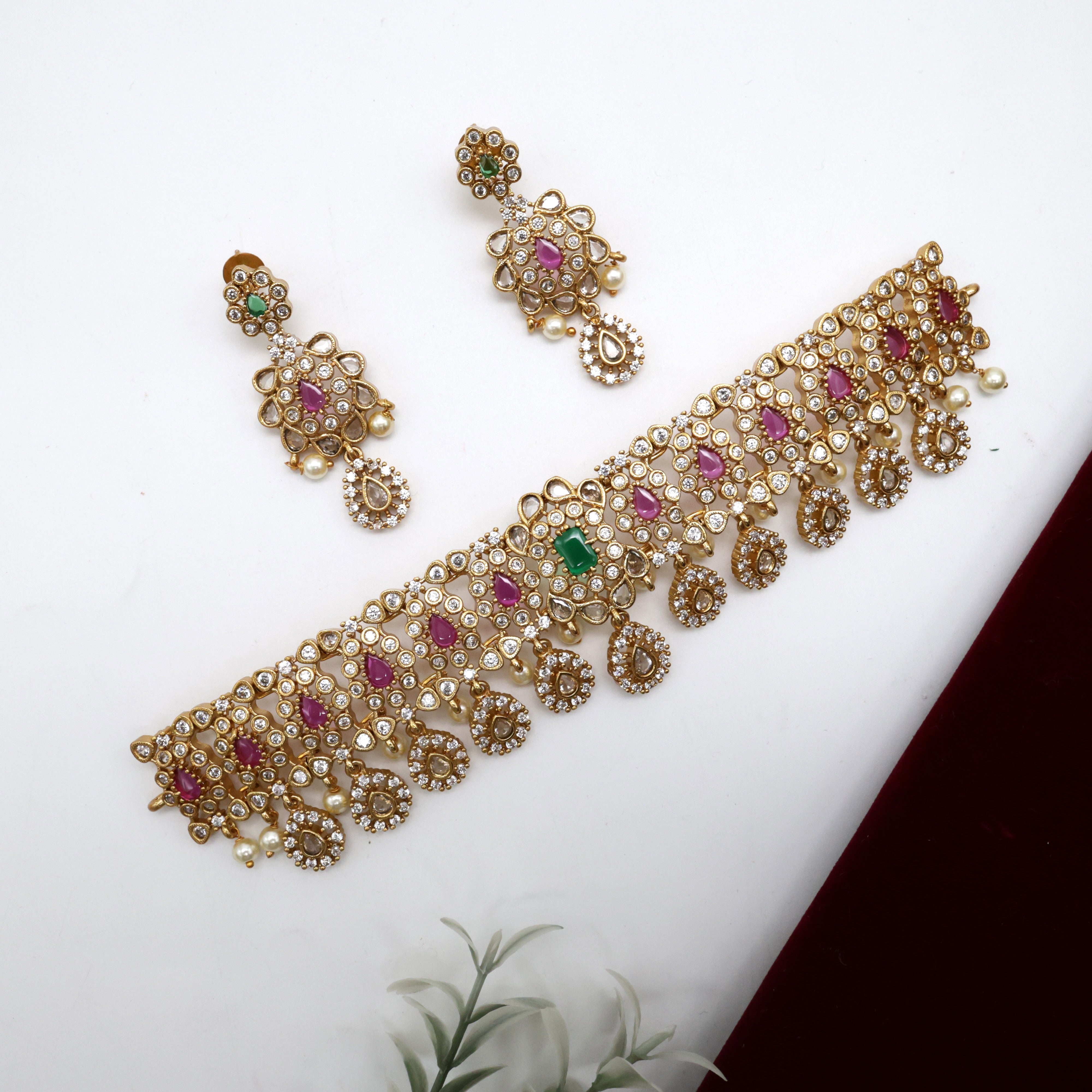 Antique AD Kemp Thilak Drops High Neck Bridal Choker Set