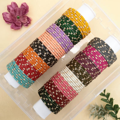 PREMIUM 3 HEART DROP STONE WORK BRIDAL GLASS BANGLES - 8 HALF DOZEN COMBO (16 COLOURS)