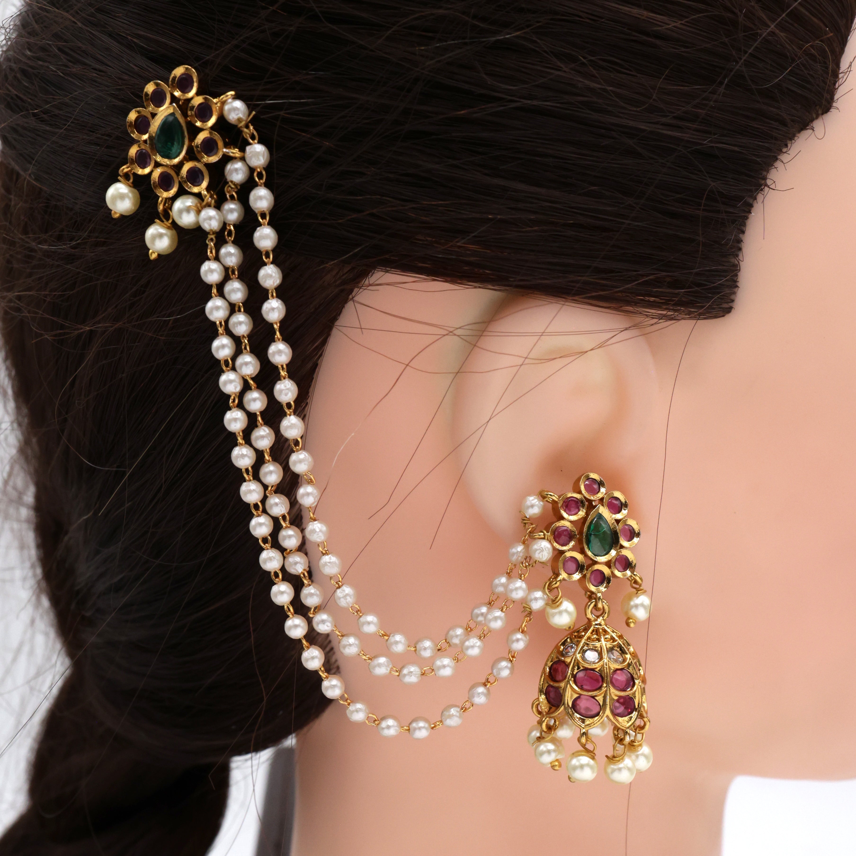 Antique AD Flower Jhumkas with 3 Line Pearl Maatal Hair Pin