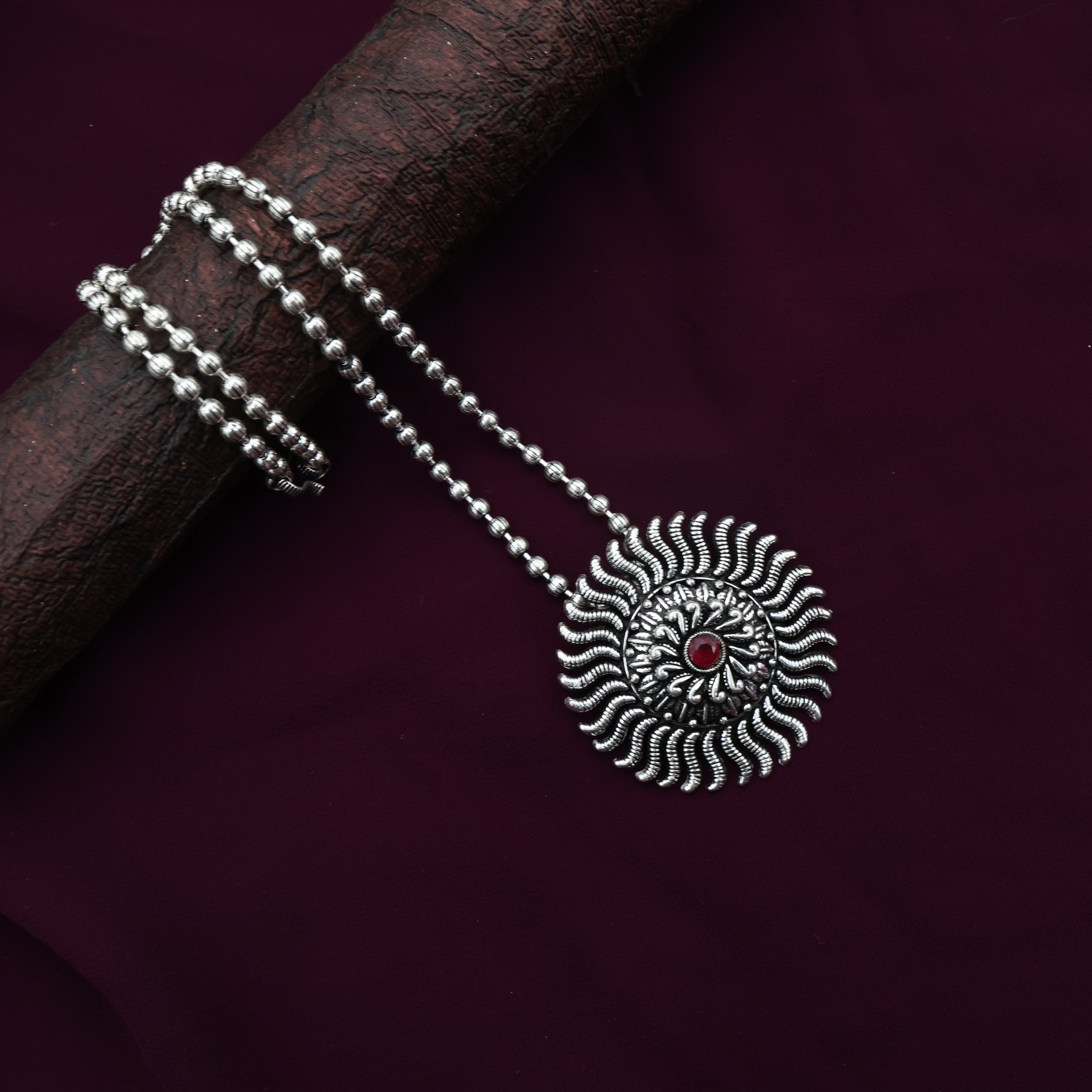 German Silver Oxidised Kolhapuri Kemp Chakra Pendant Mala