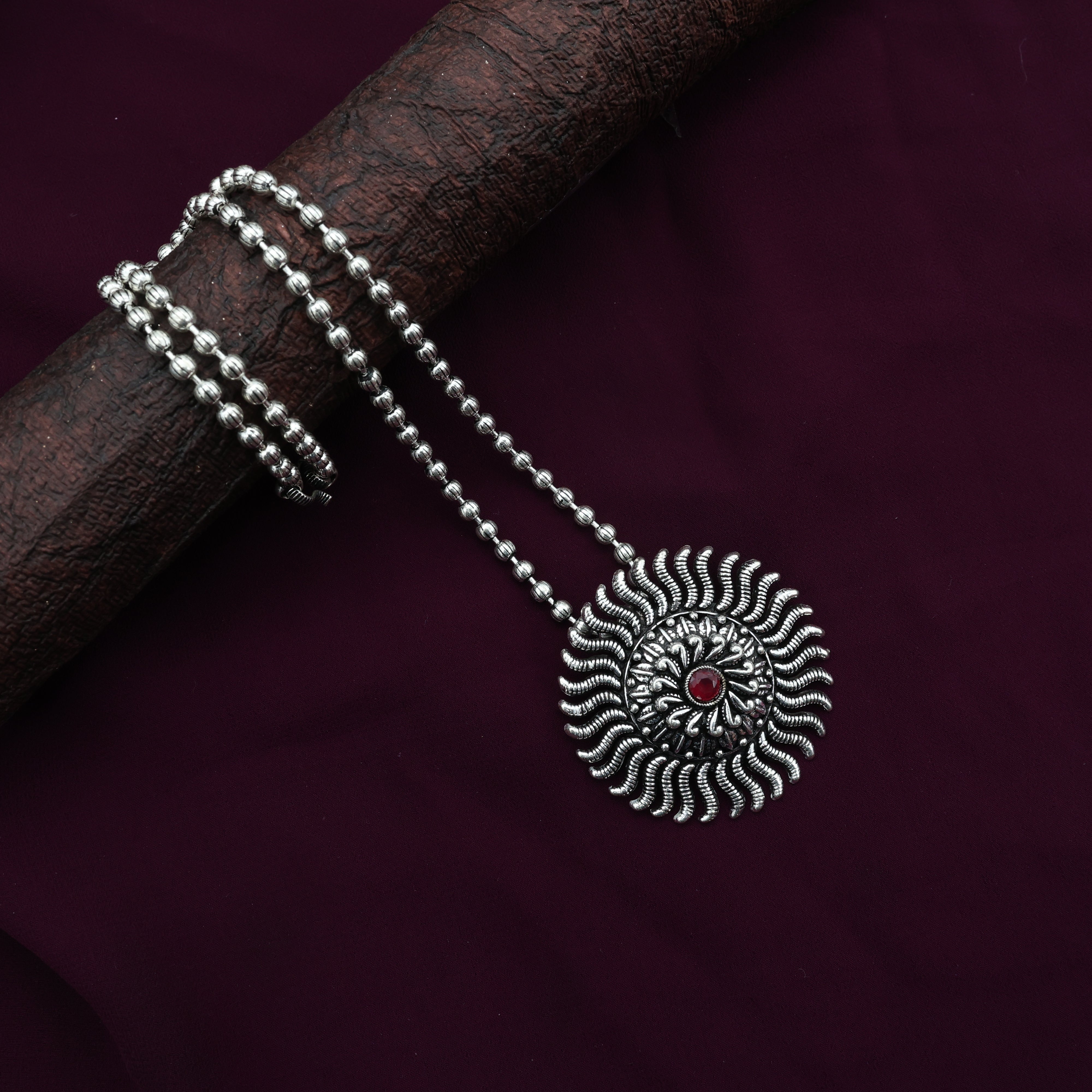 German Silver Oxidised Kolhapuri Kemp Chakra Pendant Mala