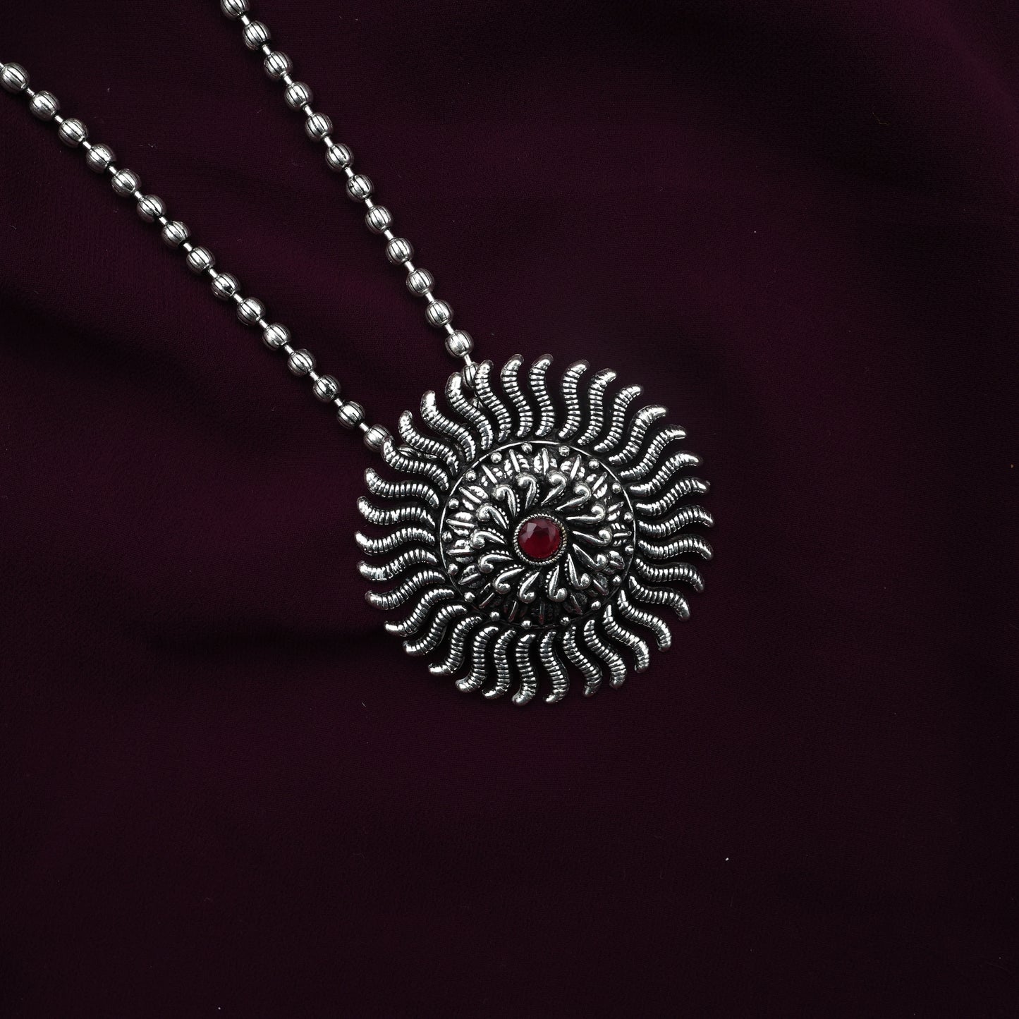 German Silver Oxidised Kolhapuri Kemp Chakra Pendant Mala