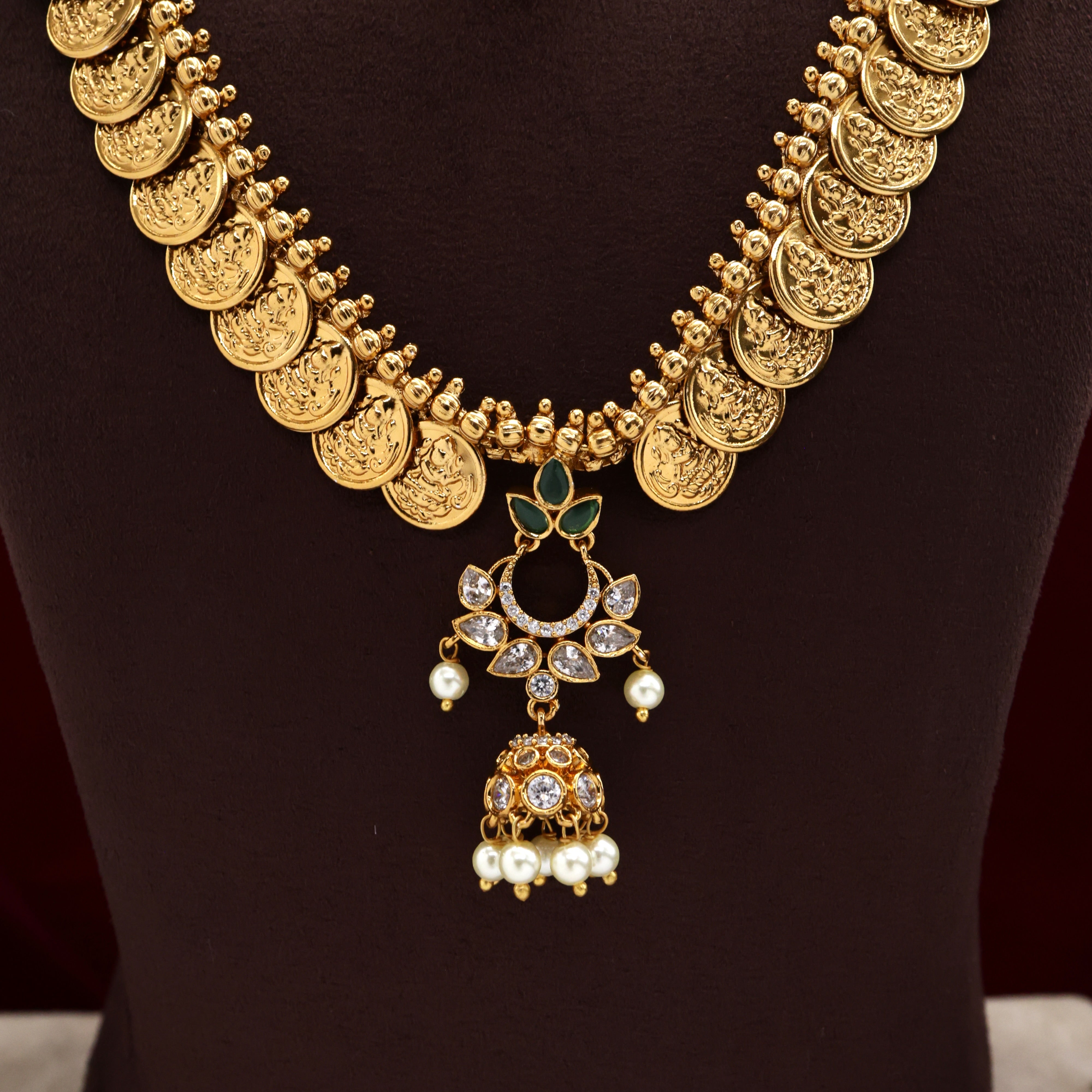 Gold Look Jhumka Pendant Lakshmi Kaasu Mala Combo Set
