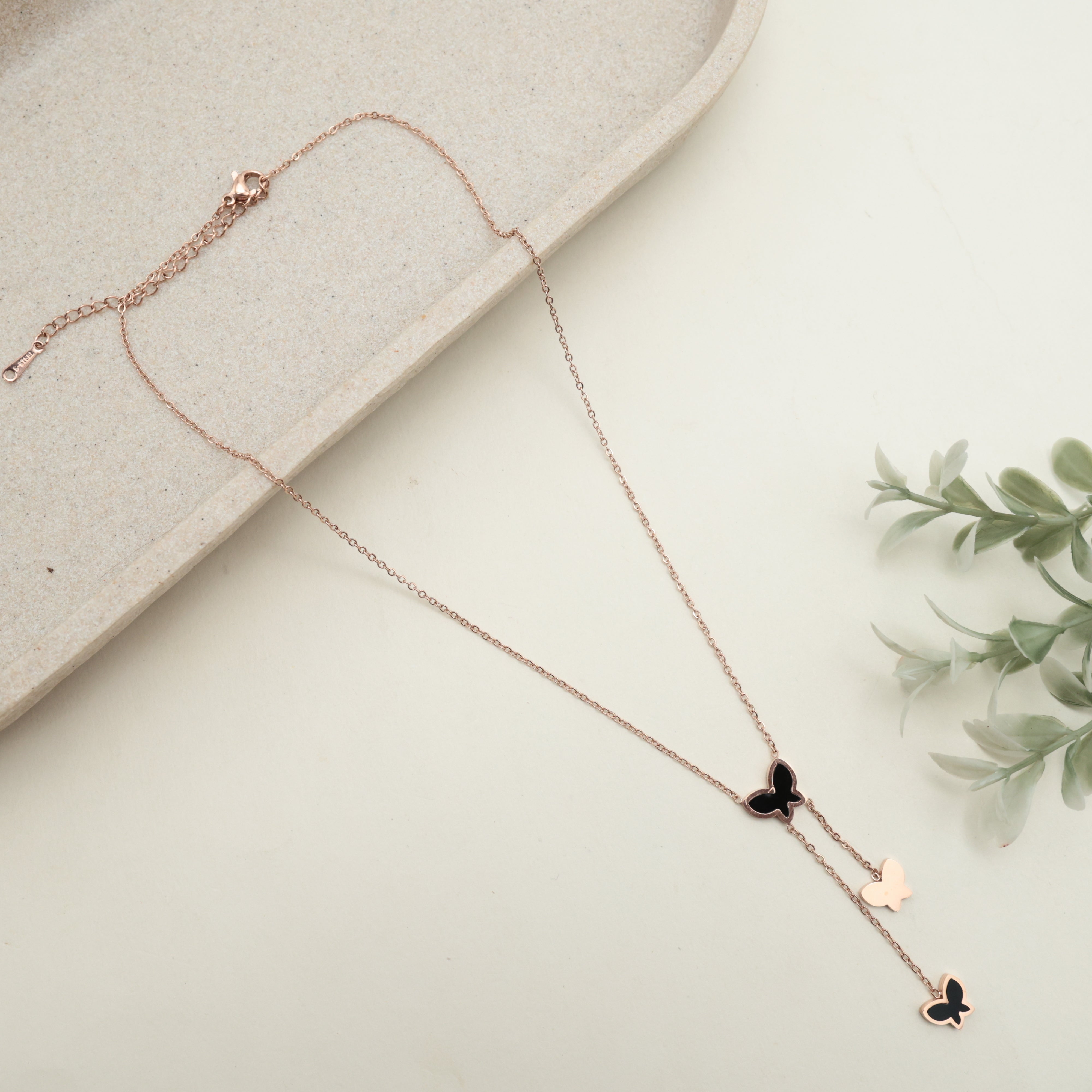 ROSE GOLD TONE ANTI TARNISH SHORT CHAIN - BLACK BUTTERFLIES