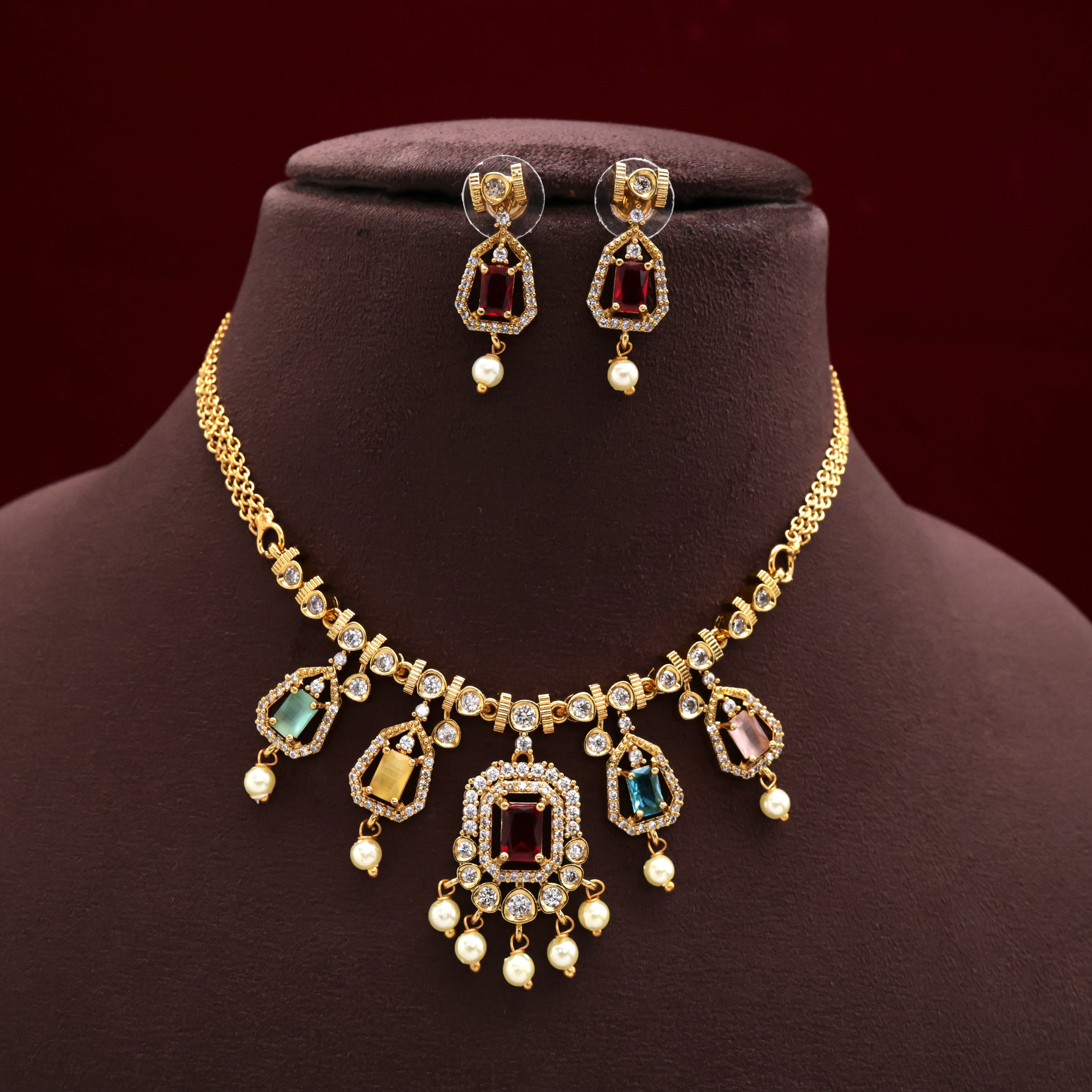 AD Multi Colour Stones Kids Friendly Necklace Set