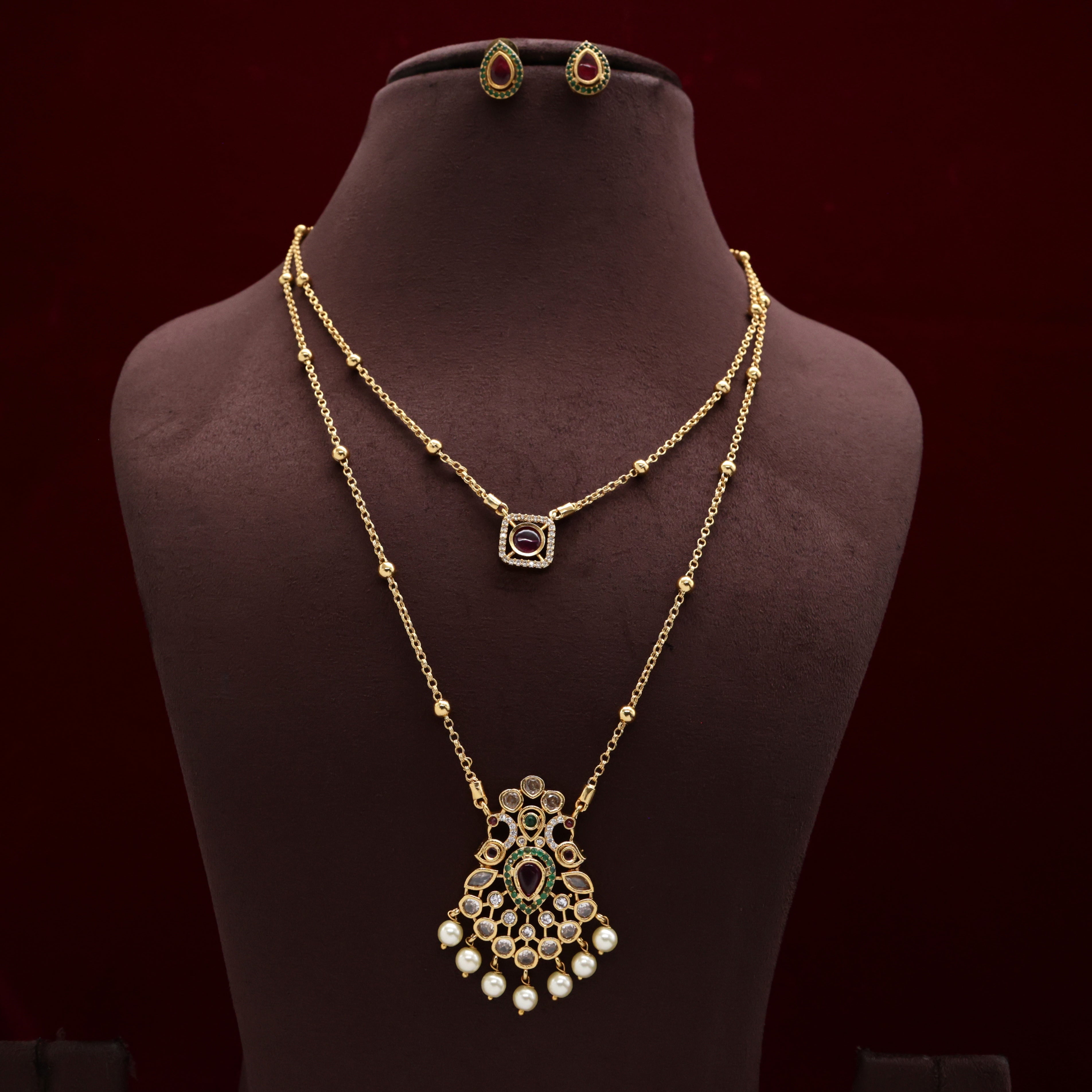 Antique Double Layer Rettapakshi Square Pendants Necklace Set