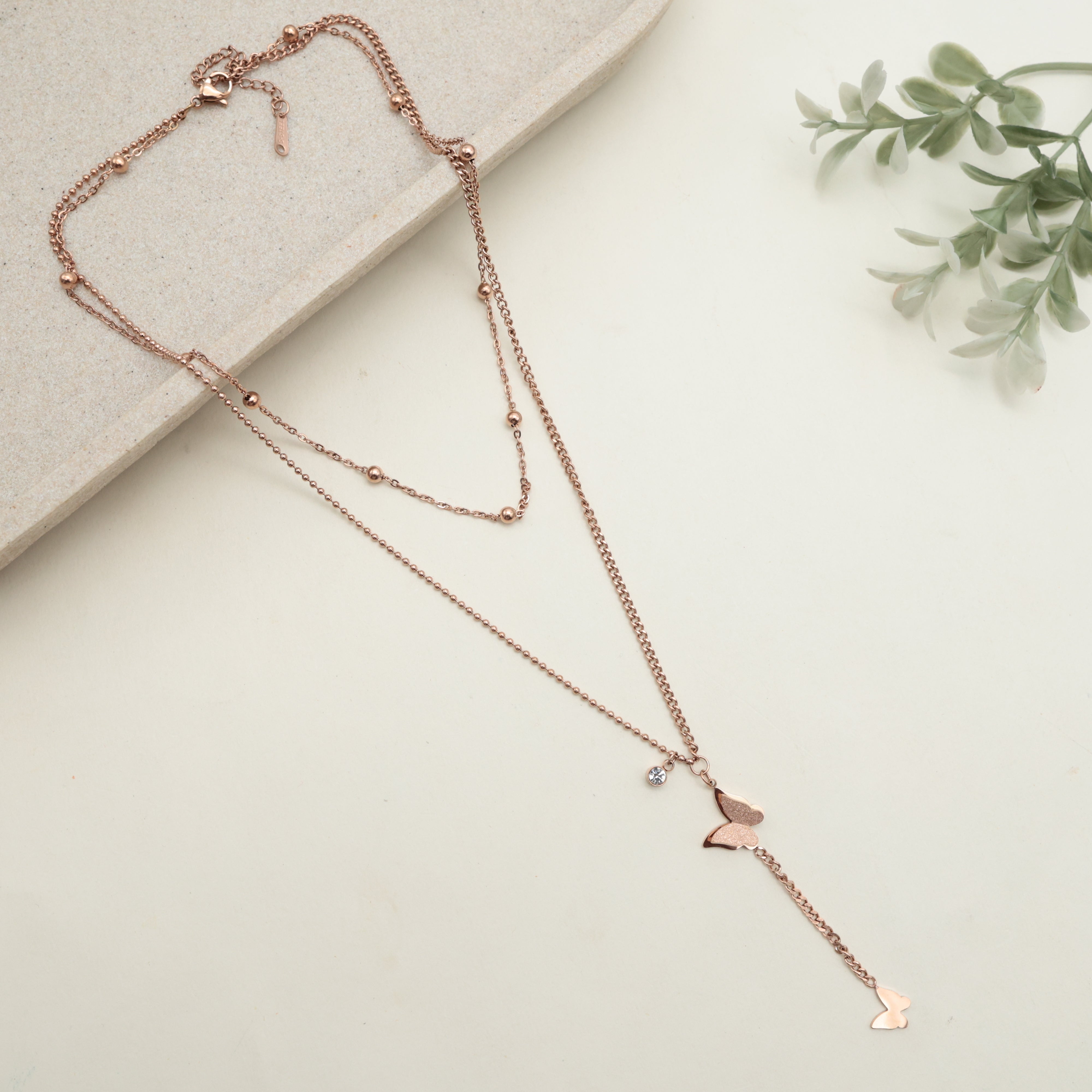 ROSE GOLD TONE TWO LAYER ANTI TARNISH SHORT CHAIN - LITTLE BUTTERFLY