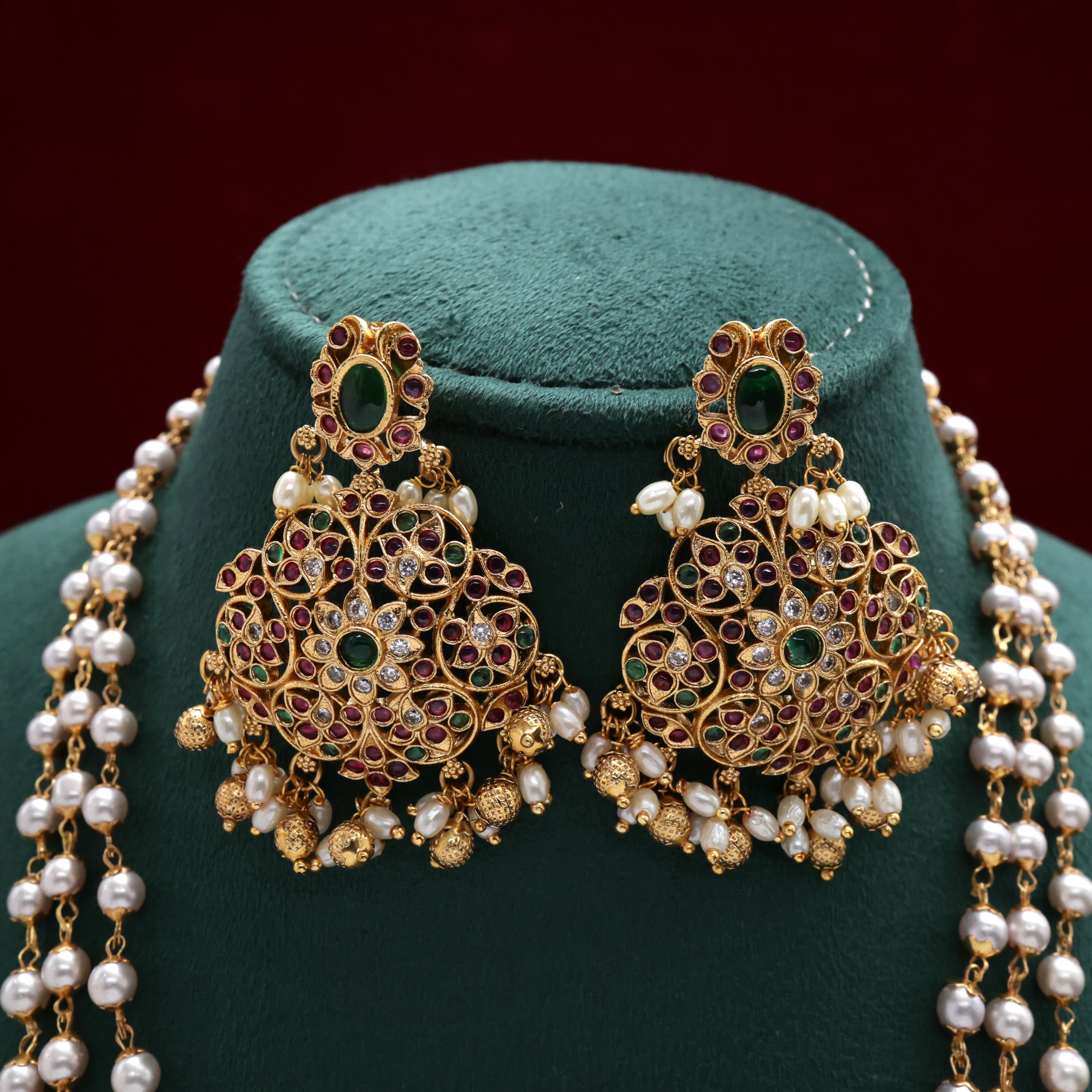 Antique Kemp 3 Layer Pearls Rettapakshi Pendant Rani Haaram Set