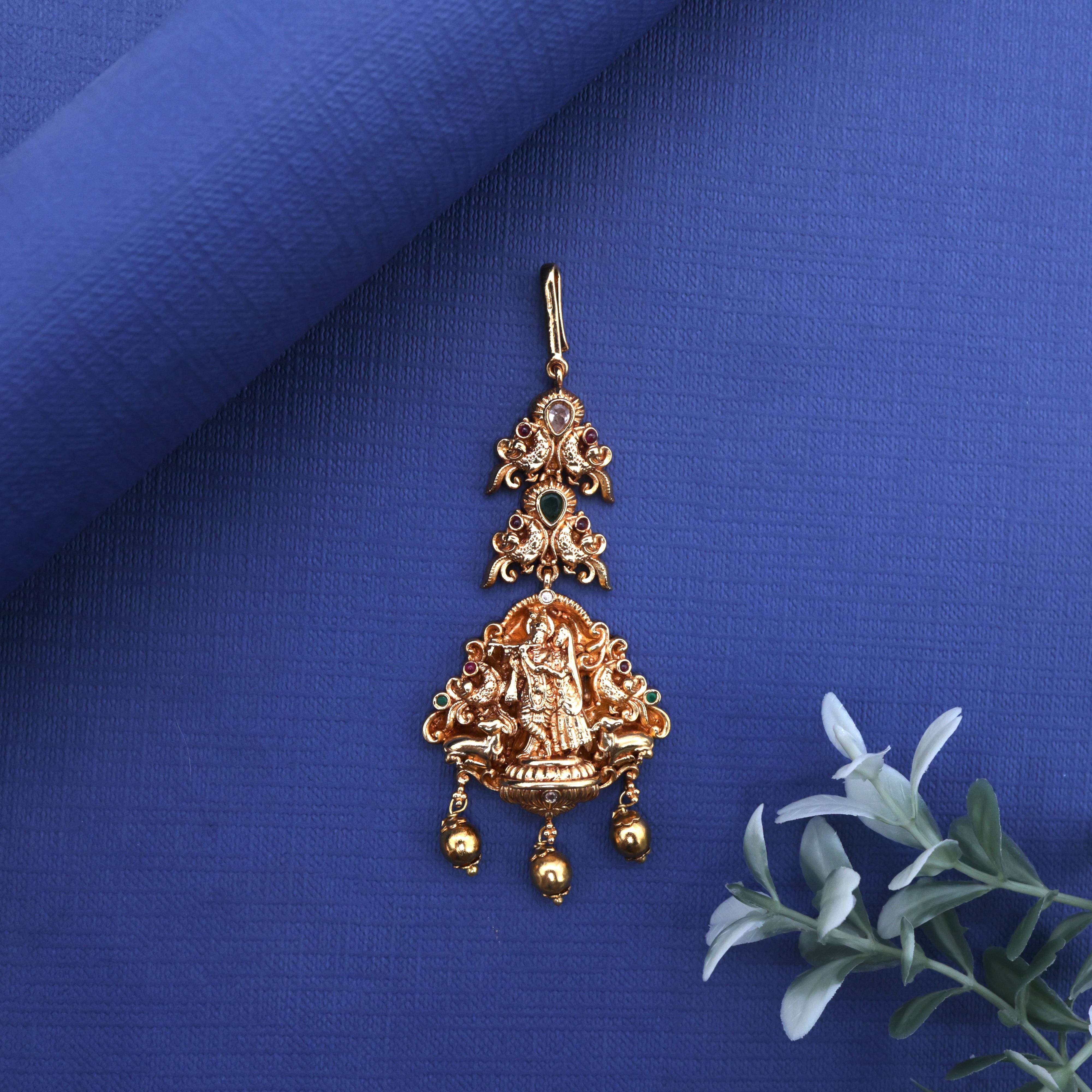 Antique Gold Nagas Rettapakshi Radha Krishna Bridal Maang Teeka