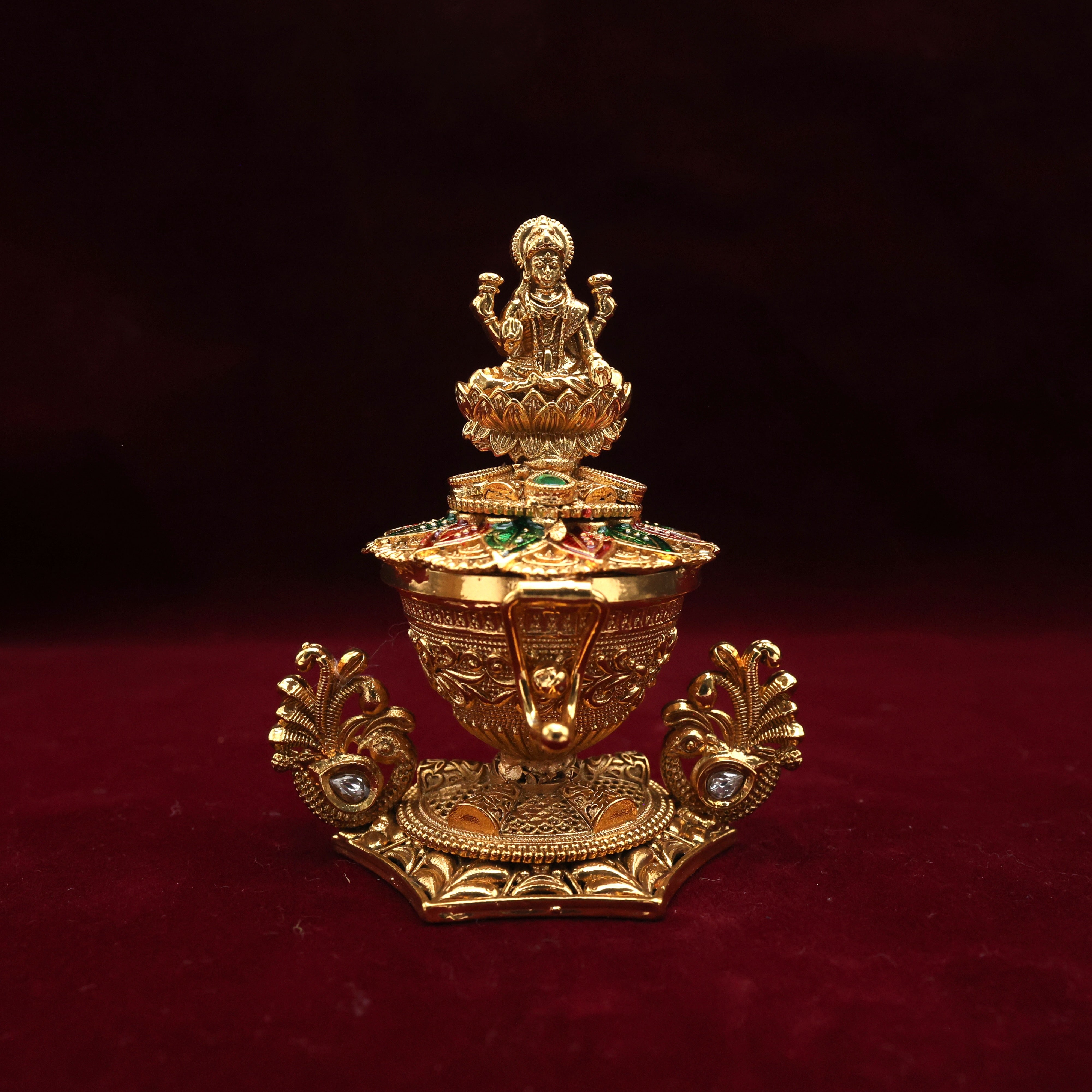 ANTIQUE GOLD PEACOCK LAKSHMI DEVI KUMKUM BOX - SINDOOR DABBI