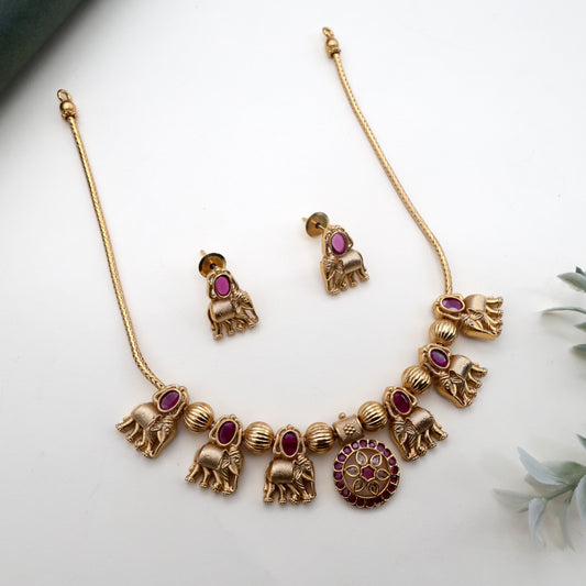 Antique Gold Kemp Chakra Elephants Necklace Set