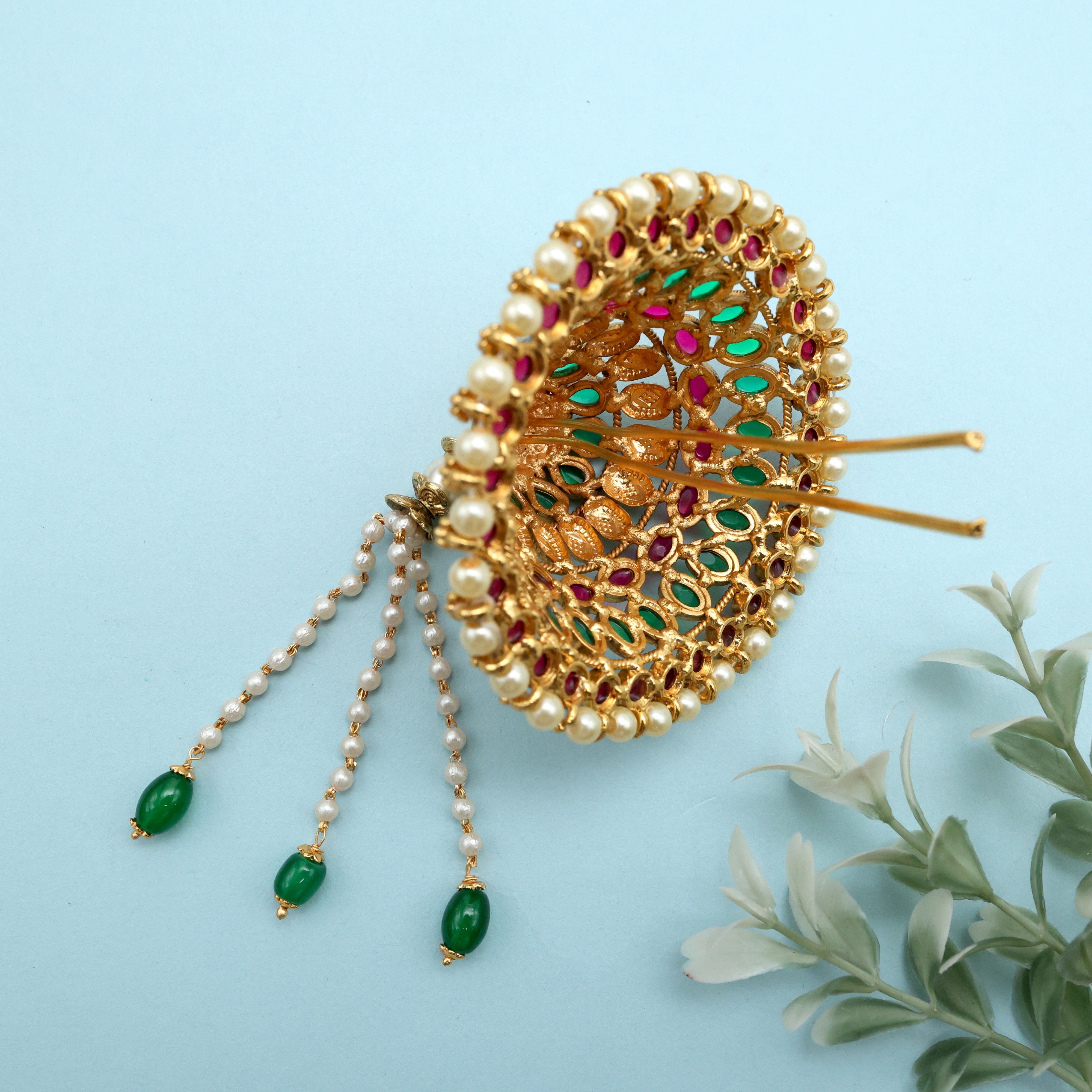 PREMIUM NAGASI TILAK OVAL KEMP TRADITIONAL ANDAL KONDAI - IYENGAR BRIDAL HAIR ACCESSORY