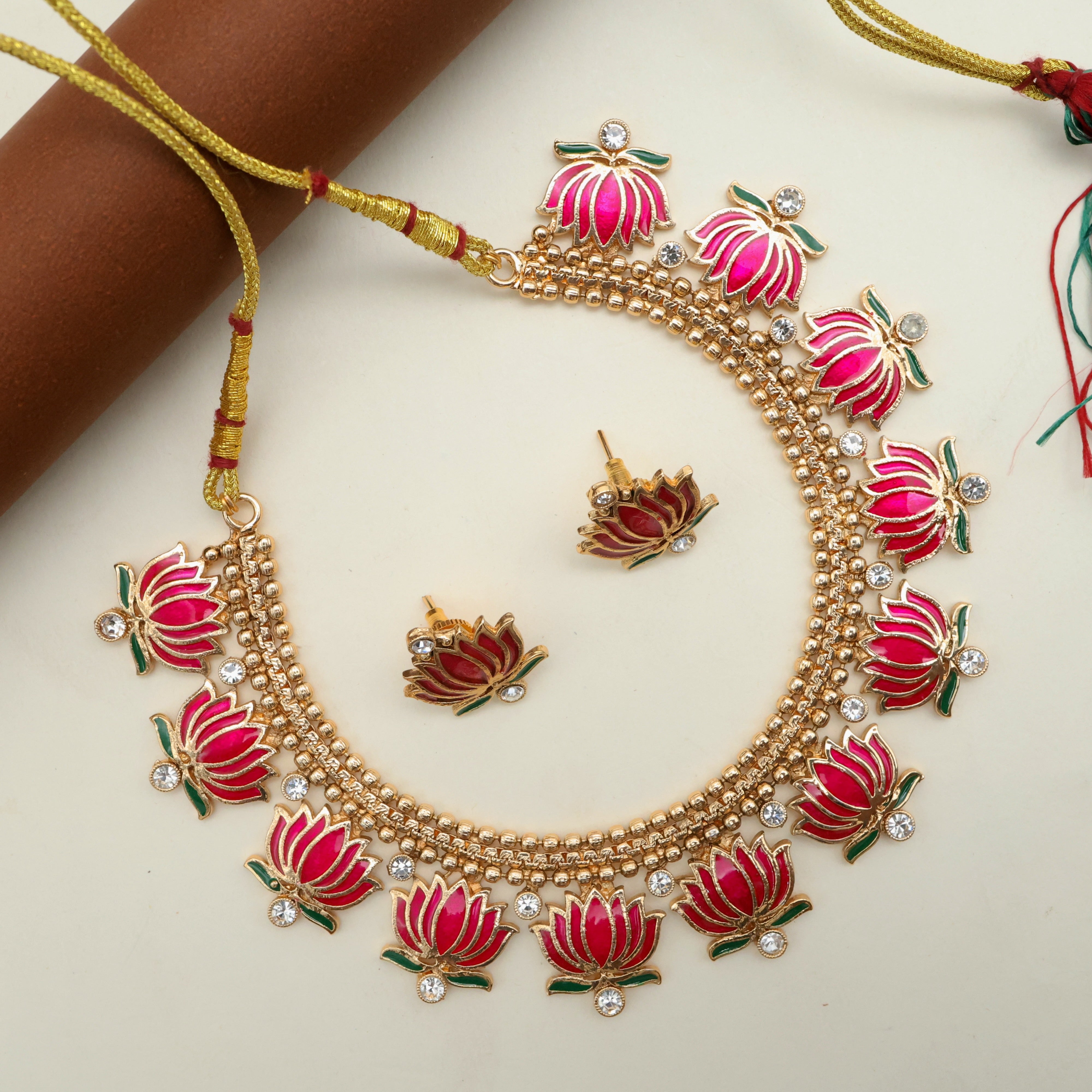 Premium Lotus Double Line Bridal Necklace Set