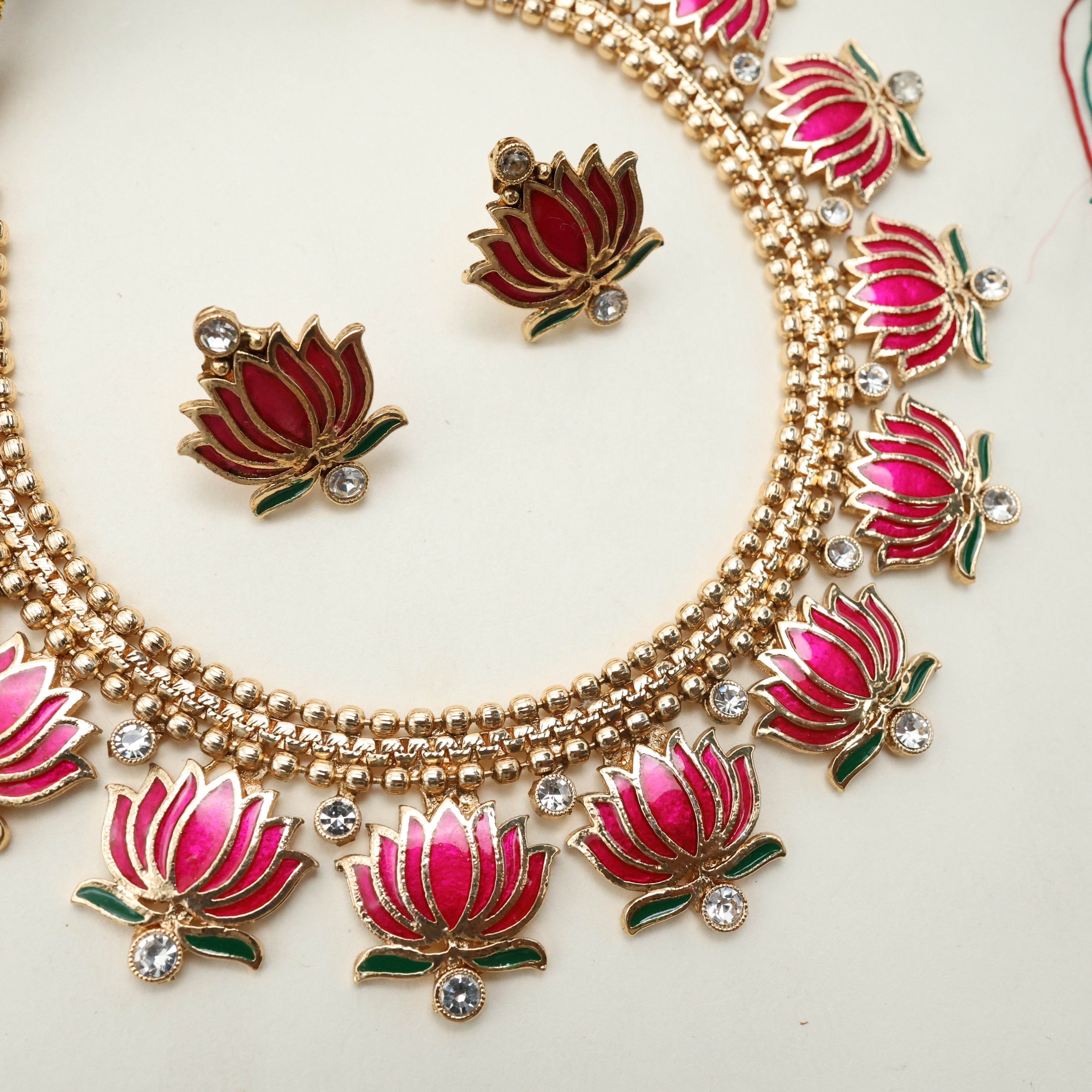 Premium Lotus Double Line Bridal Necklace Set