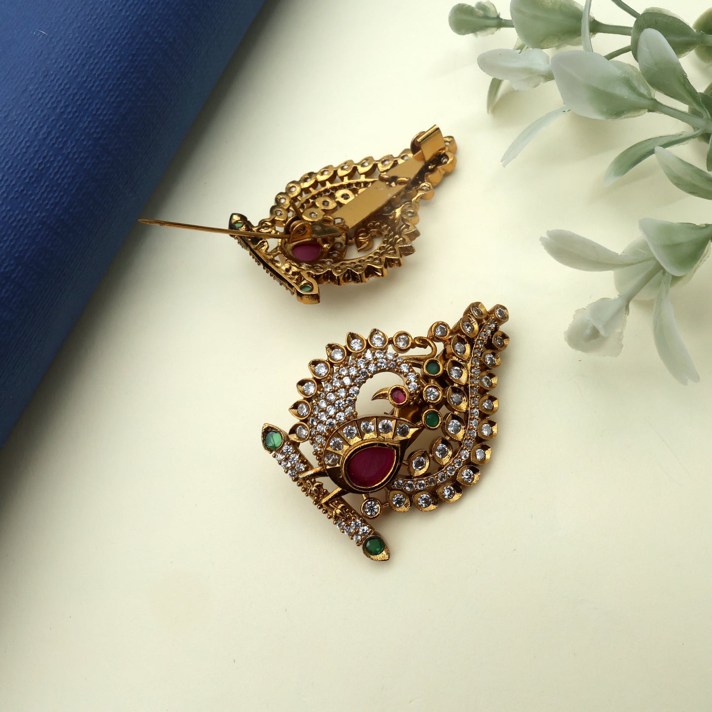 Antique Gold AD Designer Peacock Saree Pin / Brooch Pin