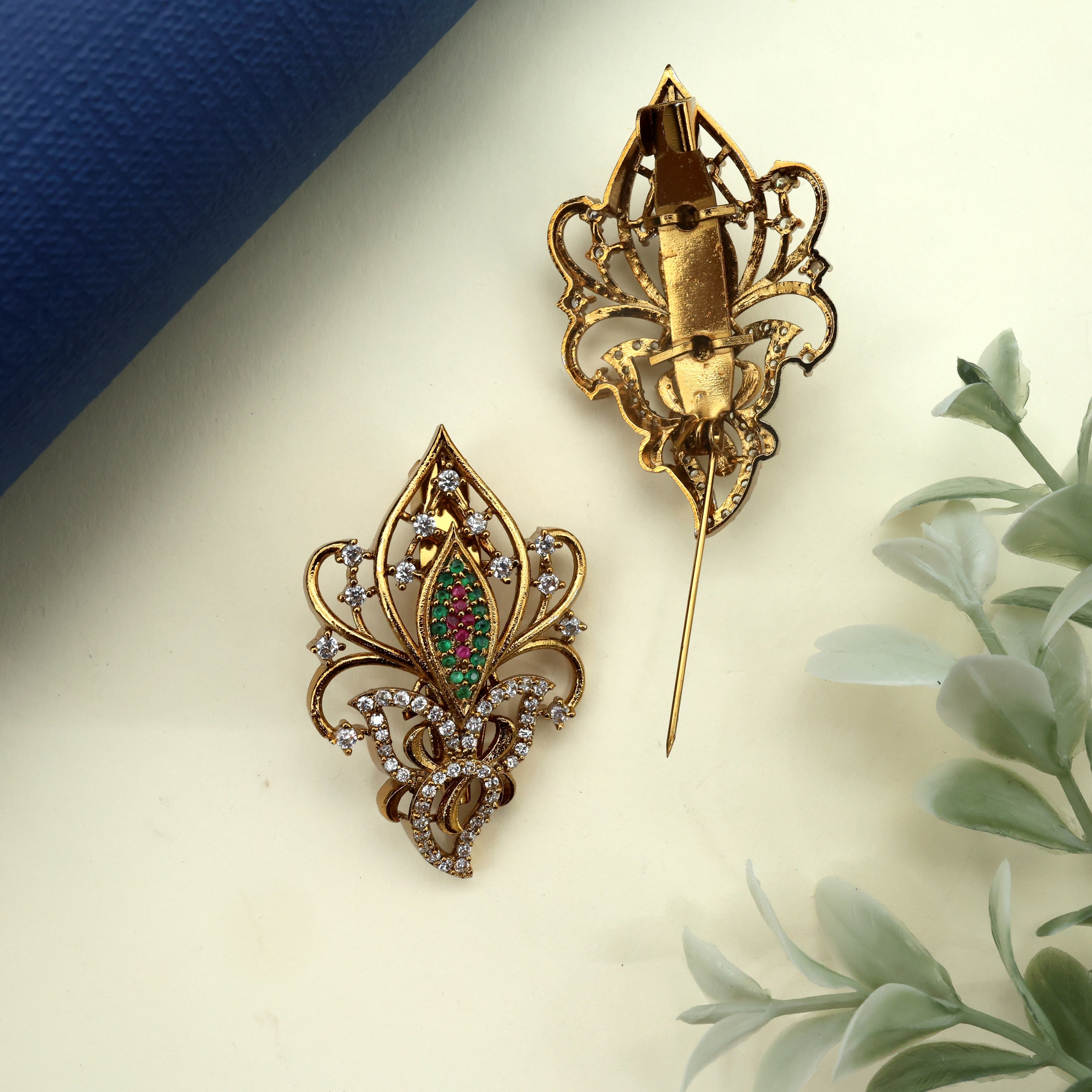 Antique Gold AD Designer Leaf Saree Pin / Brooch Pin