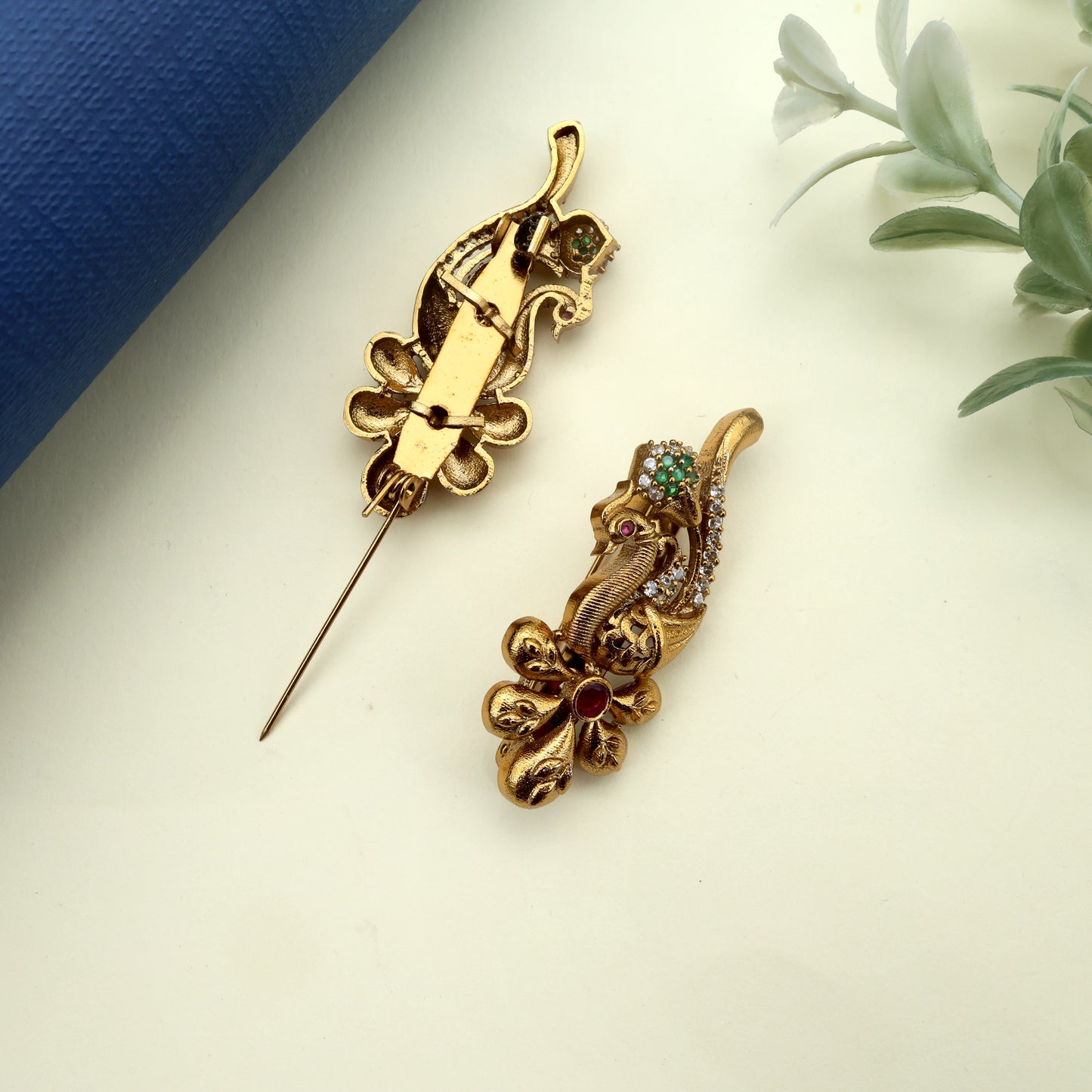 Antique Gold AD Designer Peacock Saree Pin / Brooch Pin