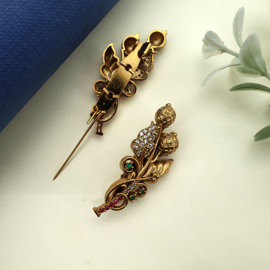 Antique Gold AD Designer Flower Buds Saree Pin / Brooch Pin