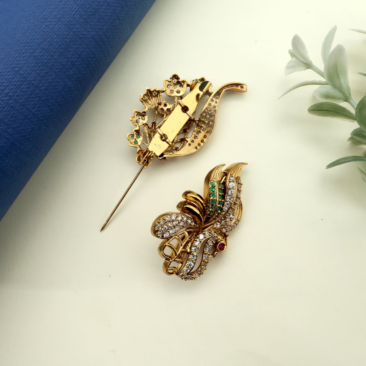 Antique Gold AD Designer Peacock Saree Pin / Brooch Pin