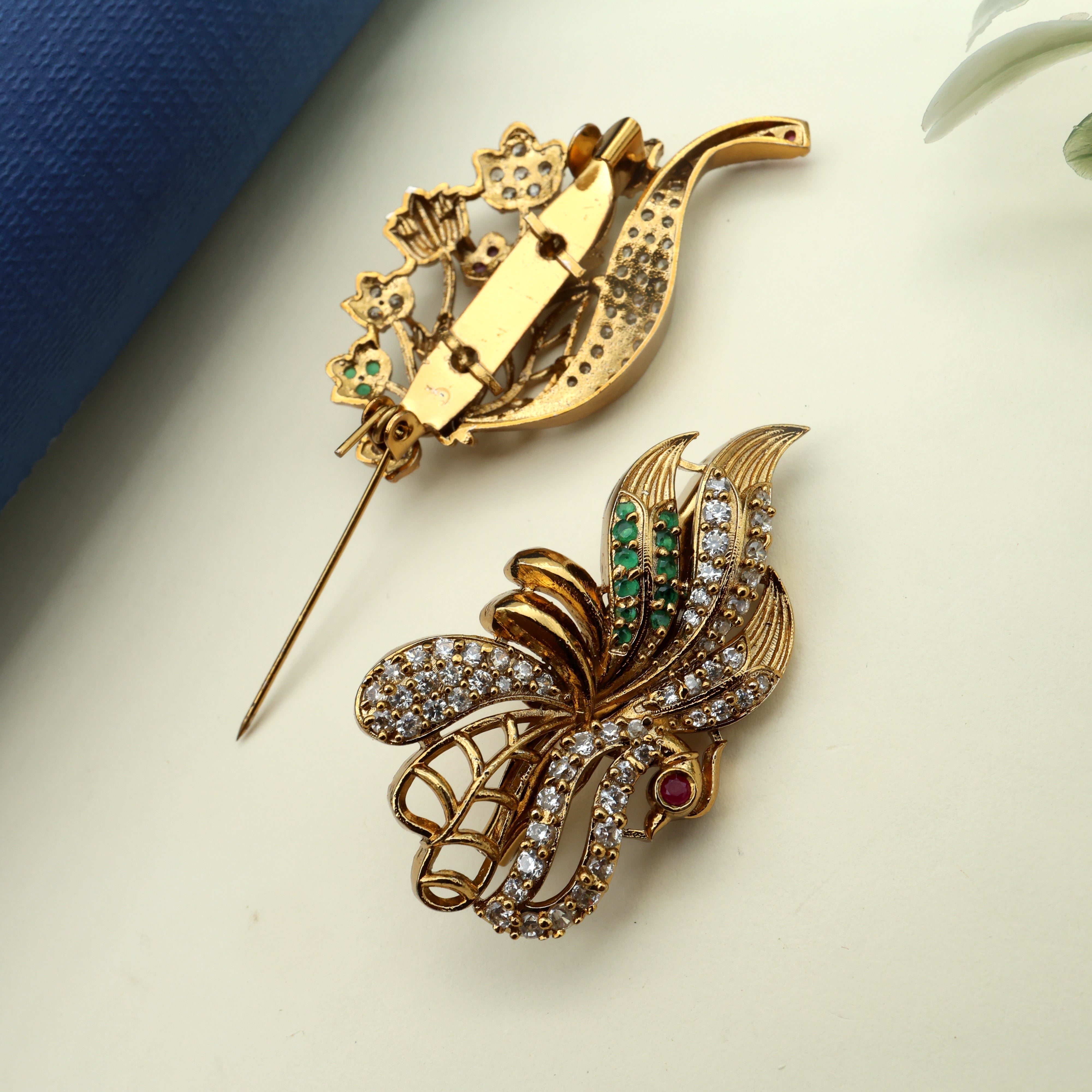 Antique Gold AD Designer Peacock Saree Pin / Brooch Pin