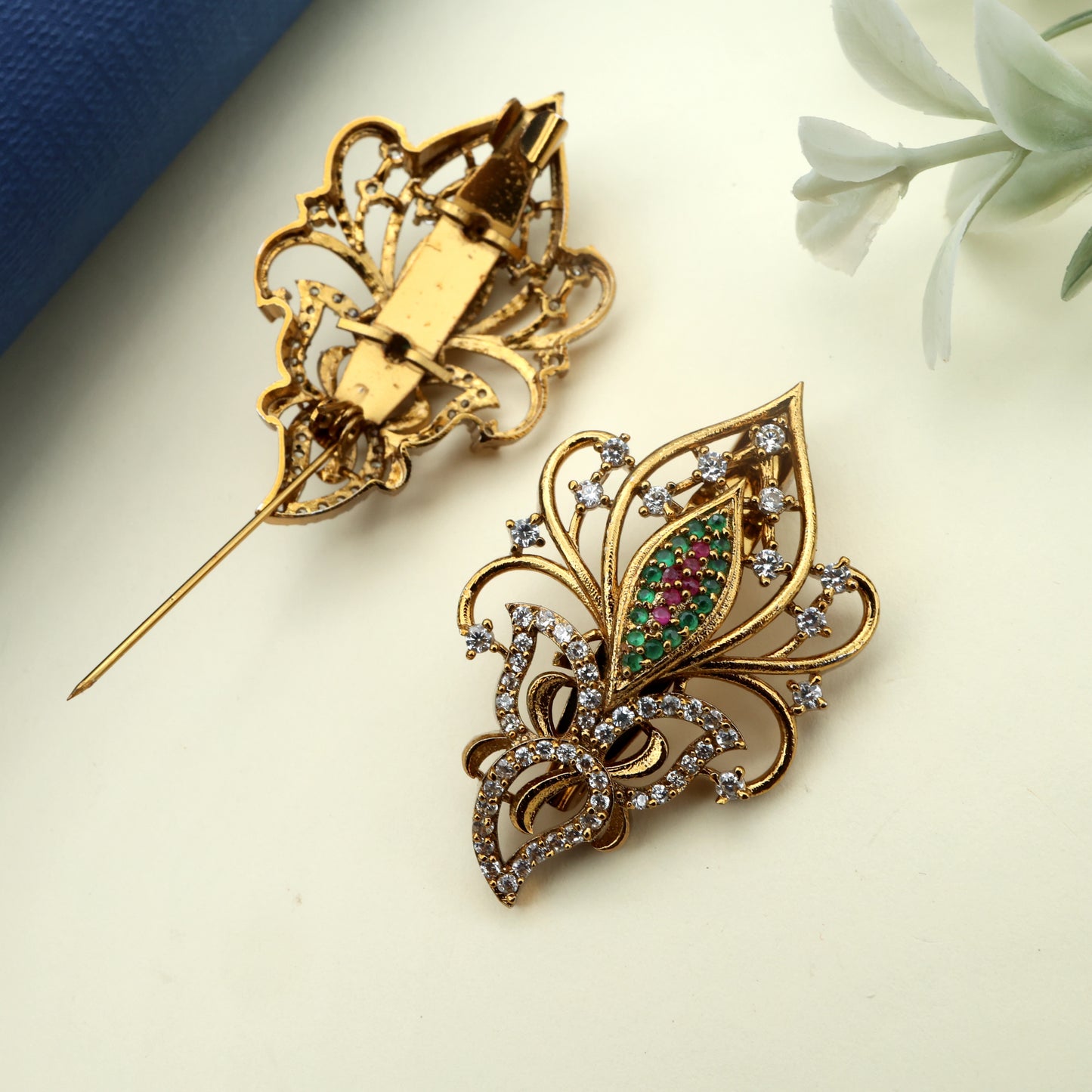 Antique Gold AD Designer Leaf Saree Pin / Brooch Pin